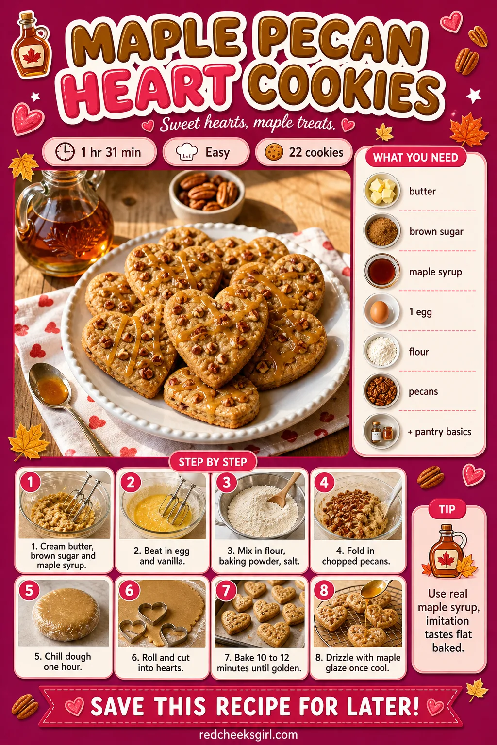 Maple Pecan Heart Cookies Recipe Card printable sheet — Printable card for maple pecan heart cookies with glaze. Valentine cookies