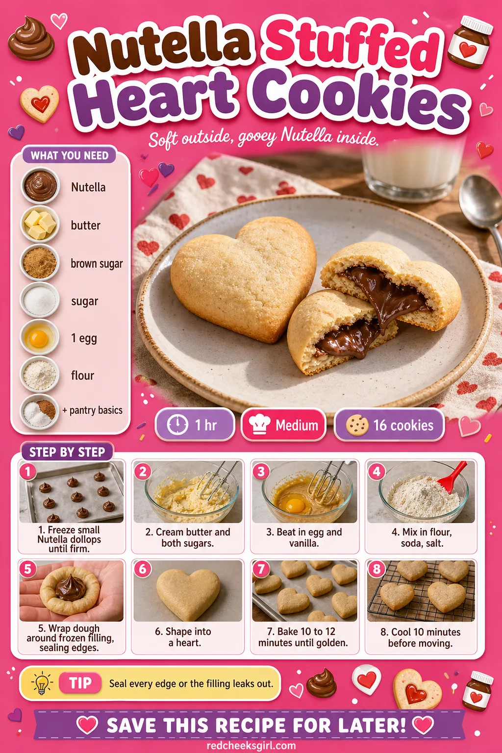 Nutella Stuffed Heart Cookies Recipe Card printable sheet — Printable card for Nutella stuffed heart cookies, shown split open. Valentine cookies