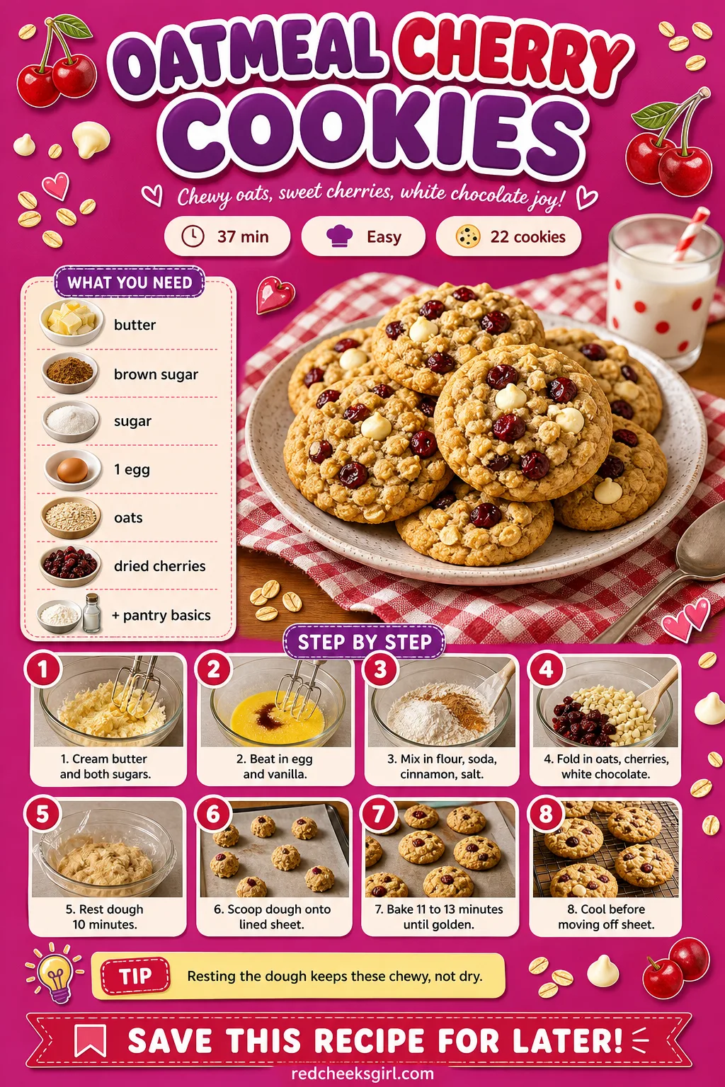 Oatmeal Cherry Cookies Recipe Card printable sheet — Printable card for chewy oatmeal cherry drop cookies. Valentine cookies