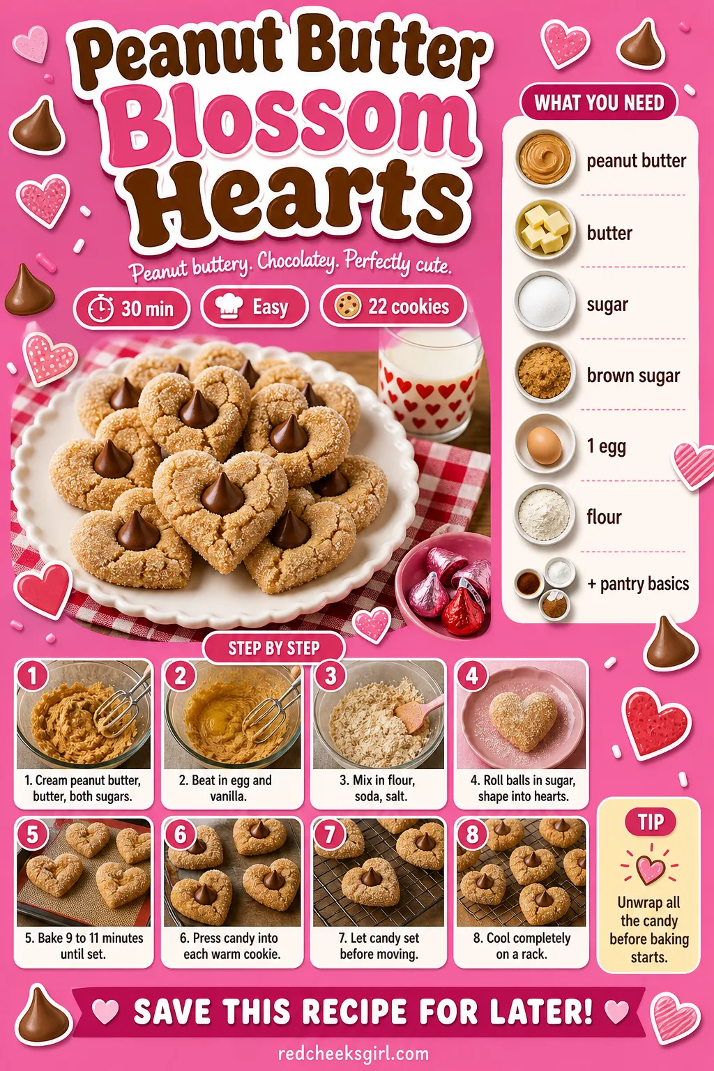 Peanut Butter Blossom Hearts Recipe Card printable sheet — Printable card for peanut butter blossom hearts with candy center. Valentine cookies