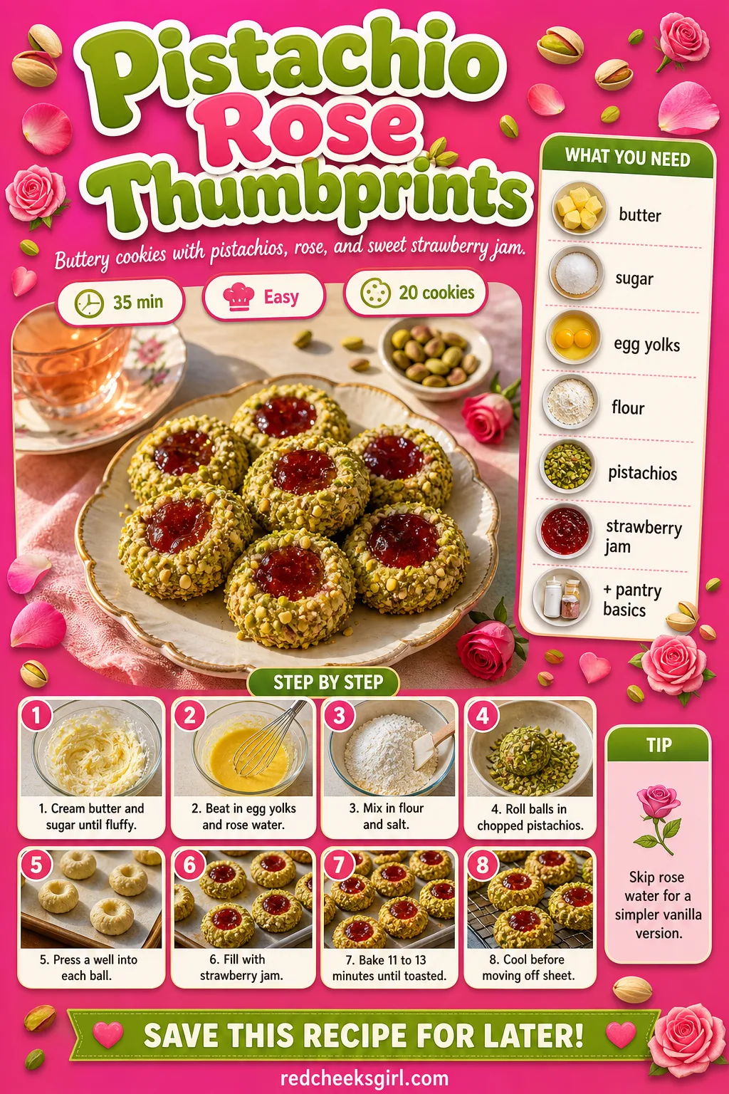 Pistachio Rose Thumbprints Recipe Card printable sheet — Printable card for pistachio thumbprints with strawberry jam. Valentine cookies