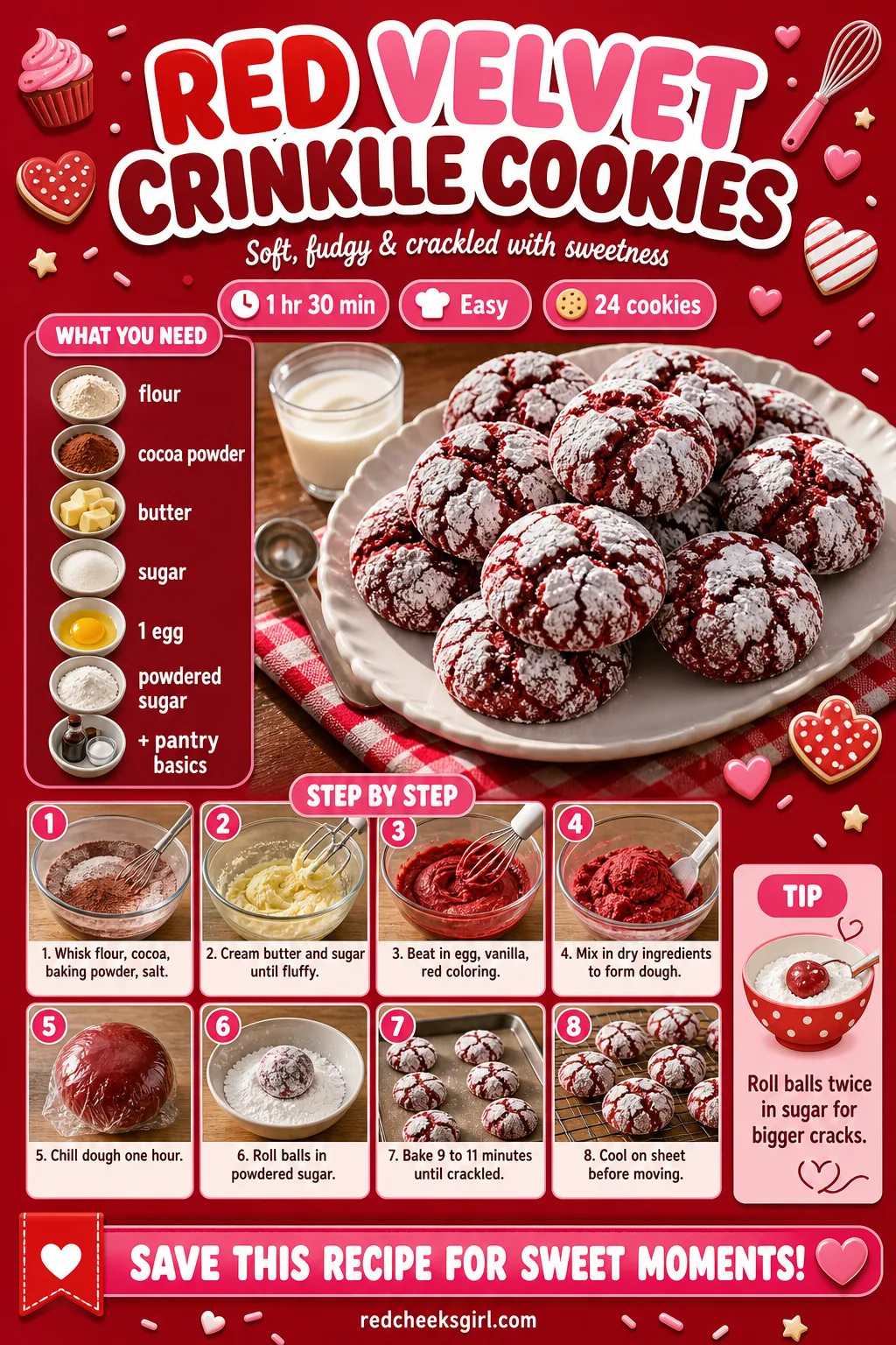 Red Velvet Crinkle Cookies Recipe Card printable sheet — Printable card for red velvet crinkle cookies with full ingredients and steps. Valentine cookies