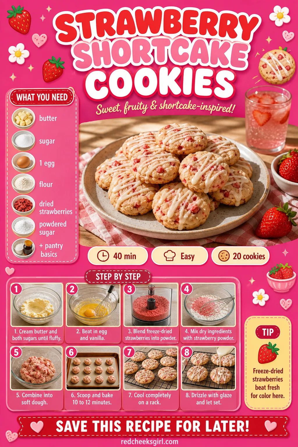 Strawberry Shortcake Cookies Recipe Card printable sheet — Printable card for strawberry shortcake cookies with glaze drizzle. Valentine cookies