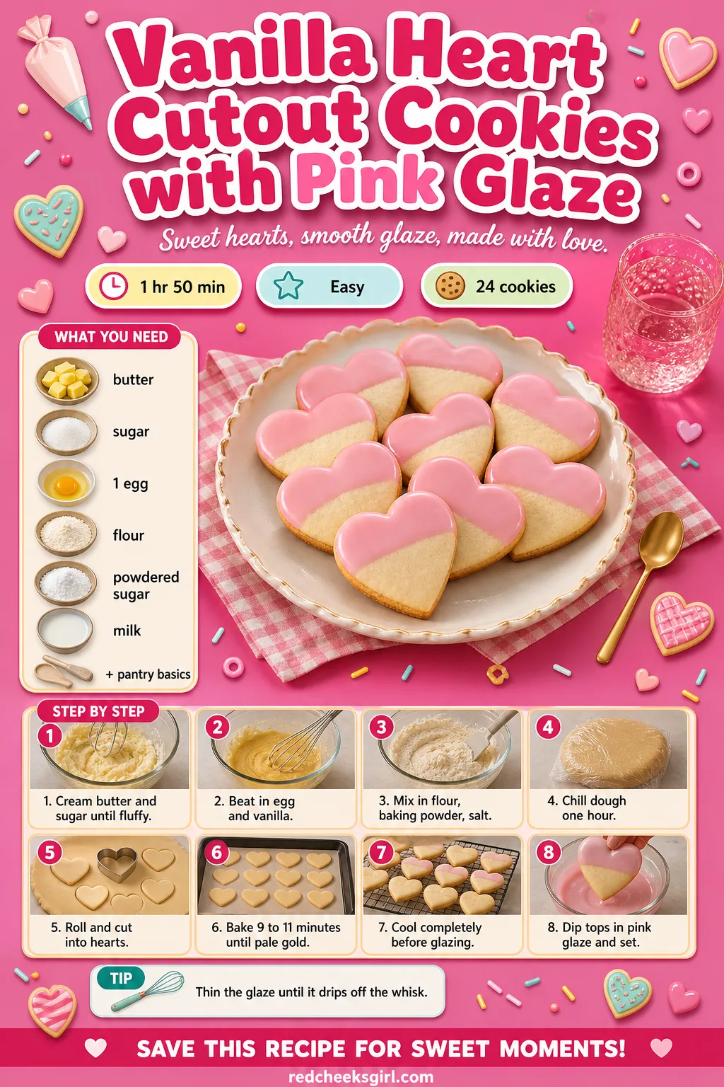 Vanilla Heart Cutout Cookies with Pink Glaze Recipe Card printable sheet — Printable card for simple glazed vanilla heart cookies. Valentine cookies