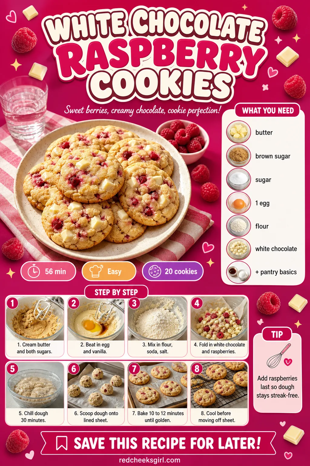 White Chocolate Raspberry Cookies Recipe Card printable sheet — Printable card for white chocolate raspberry chunk cookies. Valentine cookies