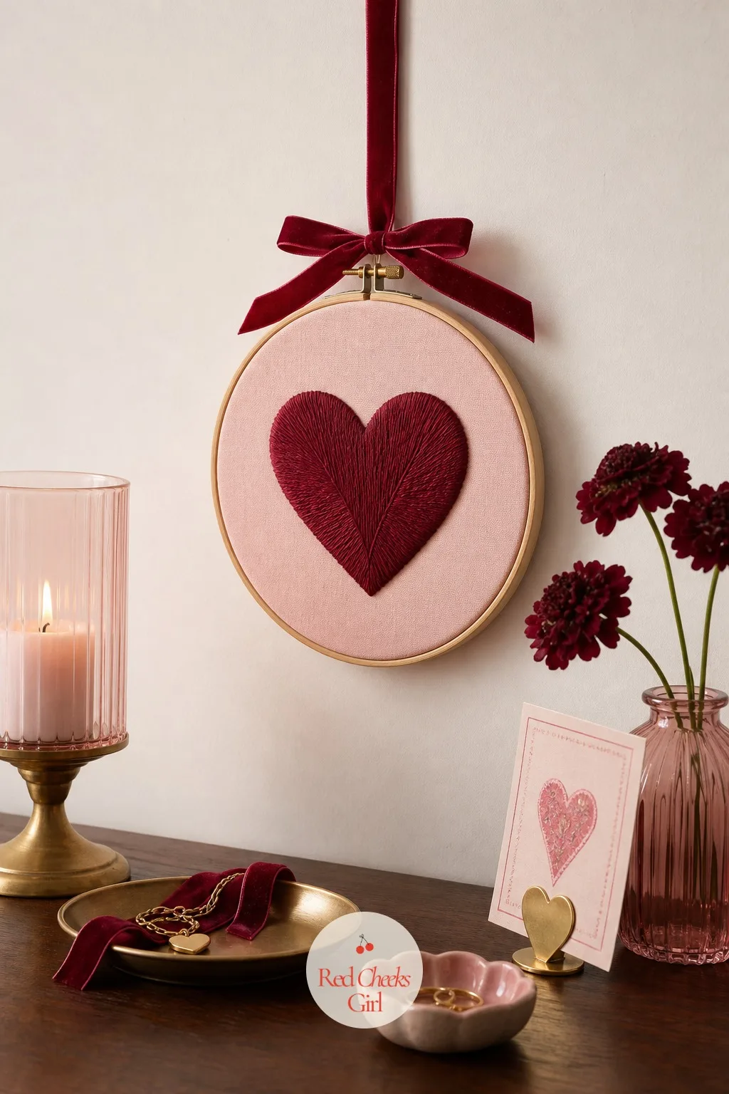 Embroidered Heart Hoop — A hoop of fabric sounds like a school project until the stitching inside it is a single clean heart in satin stitch rather than a