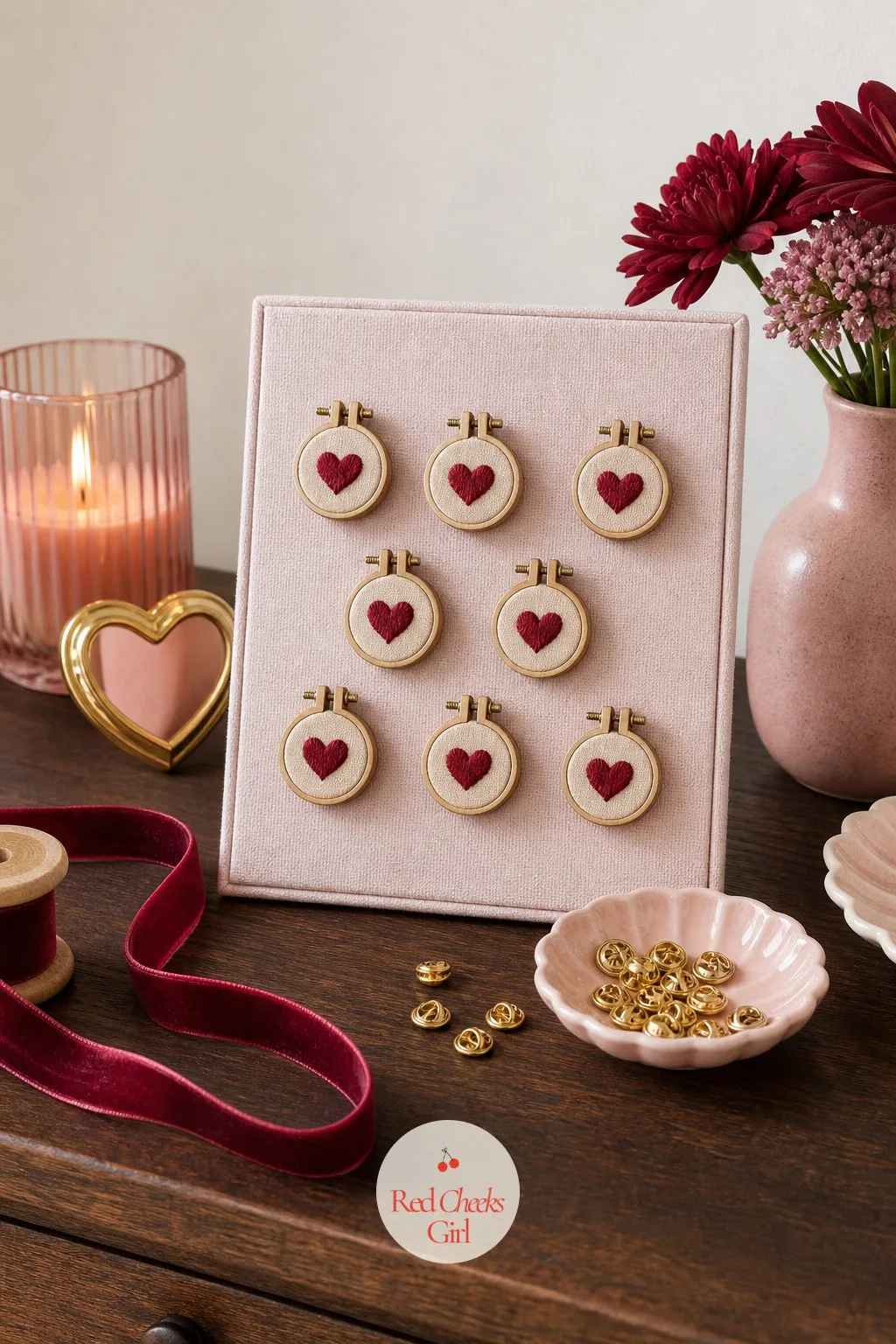 Mini Embroidery Hoop Pins — A full-sized embroidery hoop takes an evening to finish properly. Valentine crafts for adults