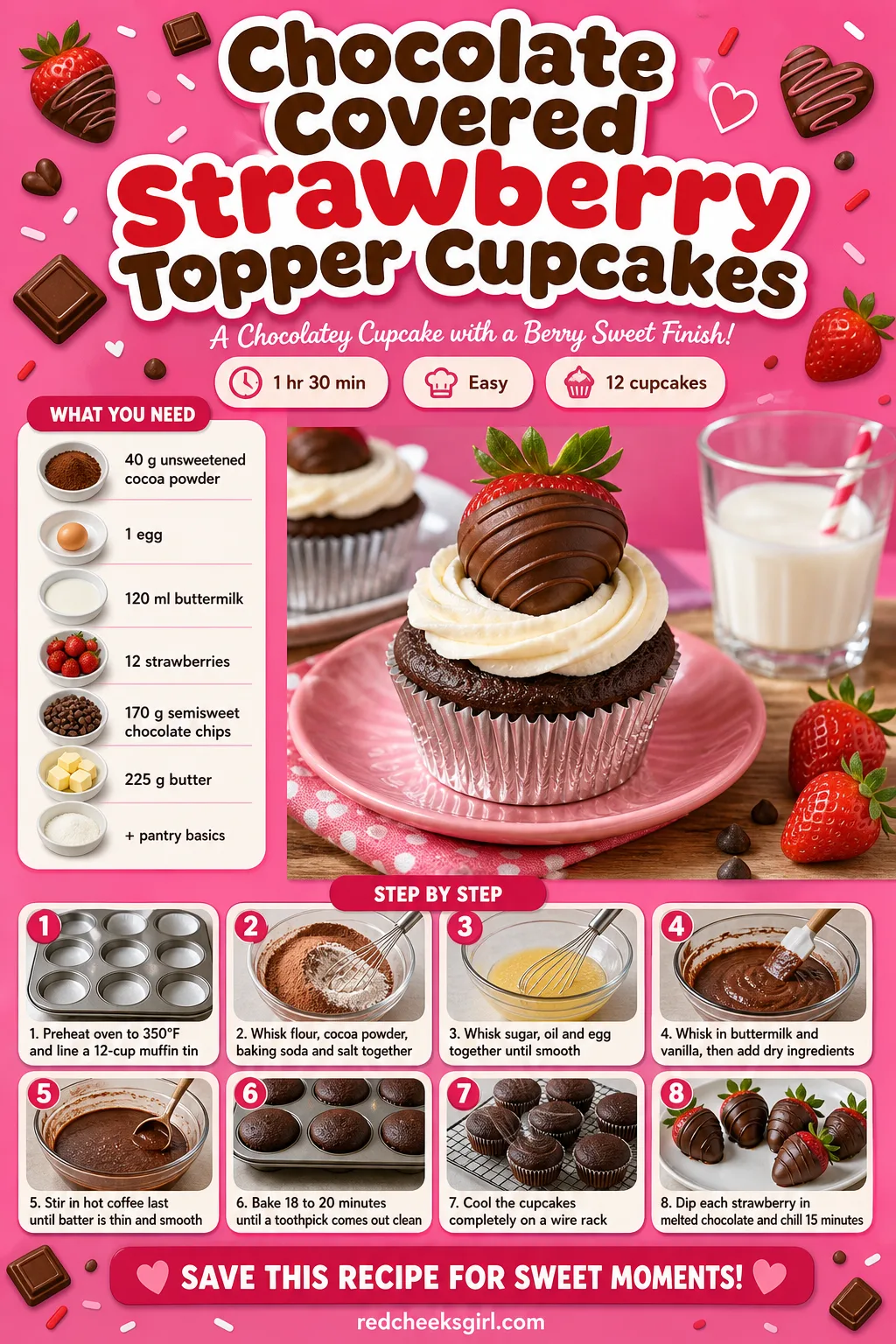Chocolate Covered Strawberry Topper Cupcakes Recipe Card printable sheet — Printable card for chocolate cupcakes topped with a dipped strawberry. Valentine
