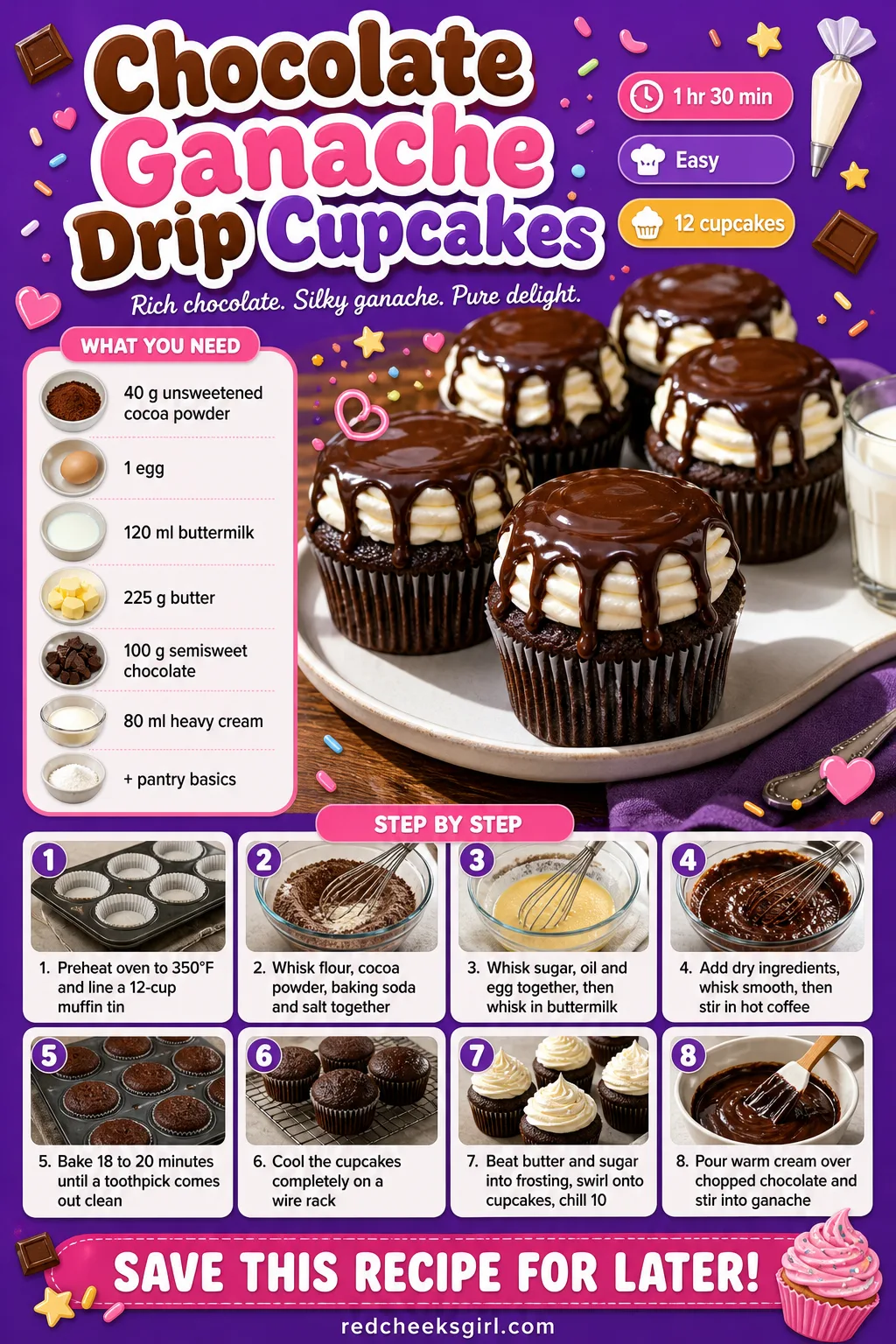Chocolate Ganache Drip Cupcakes Recipe Card printable sheet — Printable card for chocolate cupcakes finished with a ganache drip. Valentine cupcakes