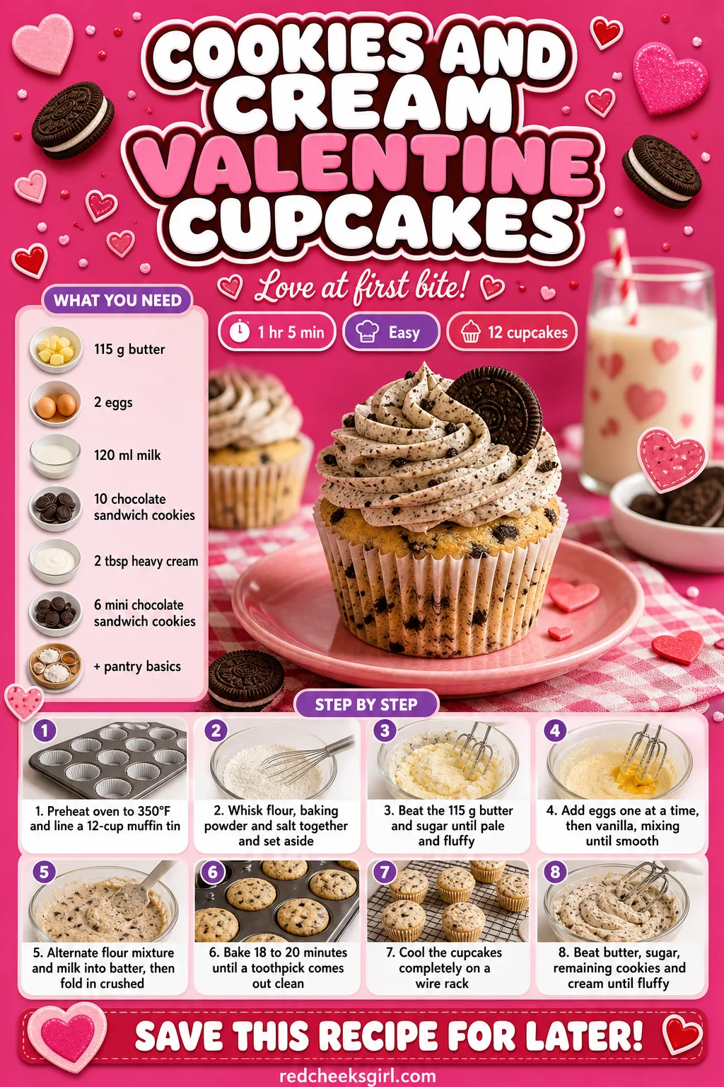 Cookies and Cream Valentine Cupcakes Recipe Card printable sheet — Printable card for cookies and cream cupcakes with a mini cookie topper