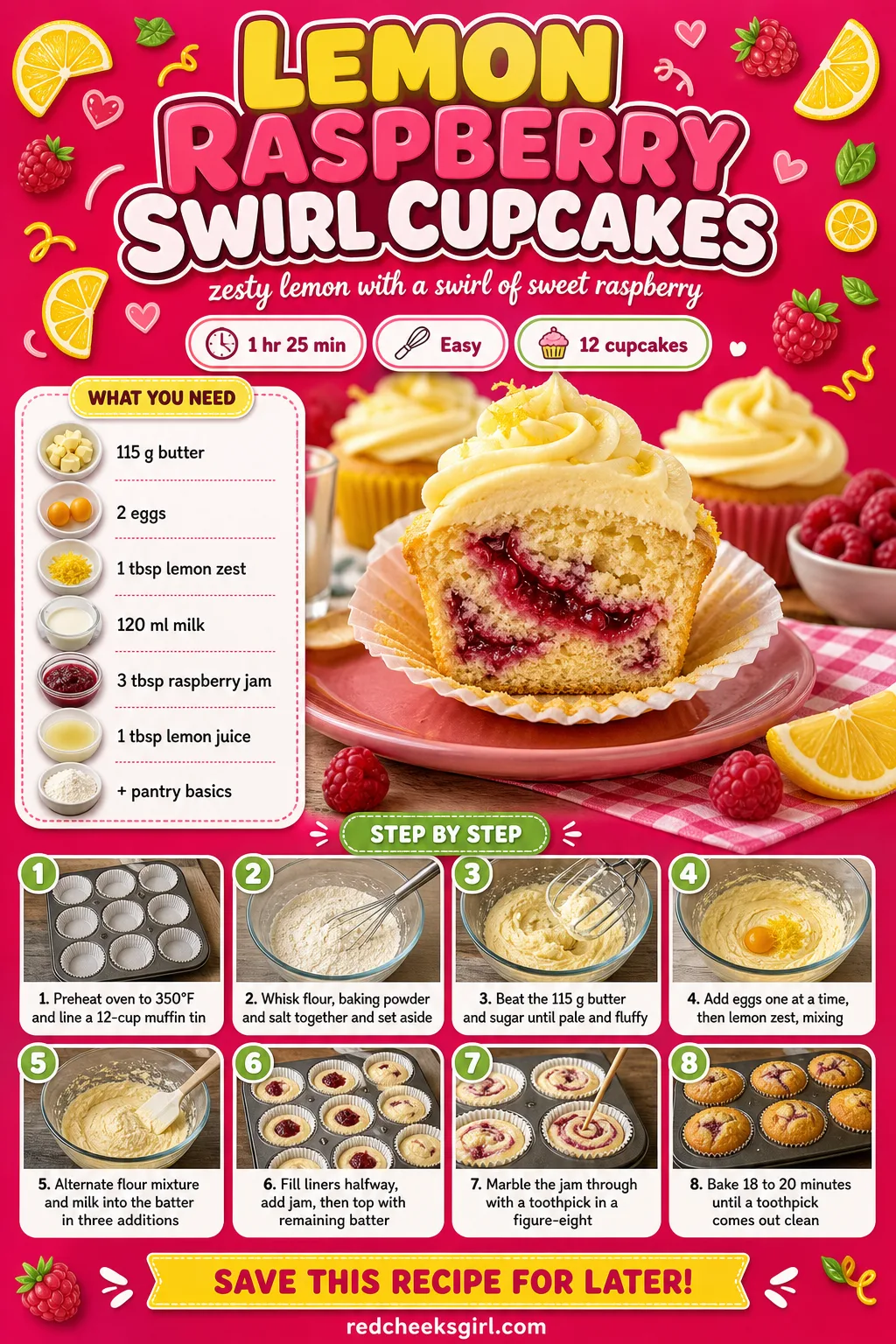 Lemon Raspberry Swirl Cupcakes Recipe Card printable sheet — Printable card for lemon cupcakes marbled with raspberry jam. Valentine cupcakes