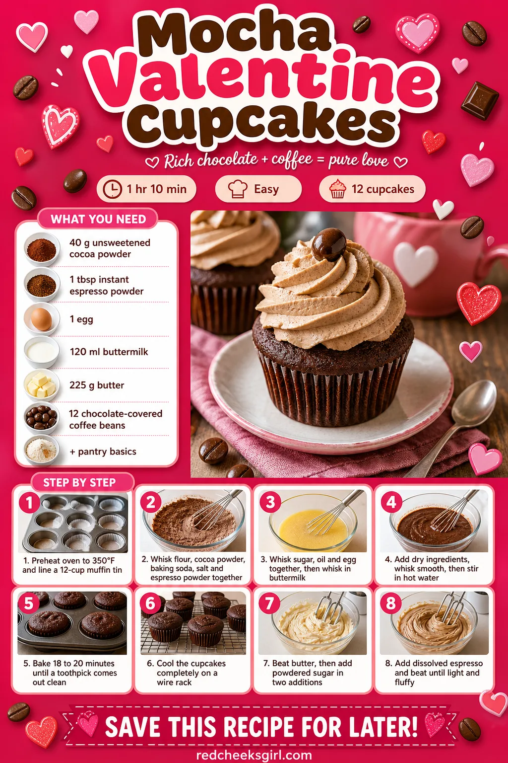 Mocha Valentine Cupcakes Recipe Card printable sheet — Printable card for coffee-flavored chocolate cupcakes with mocha frosting
