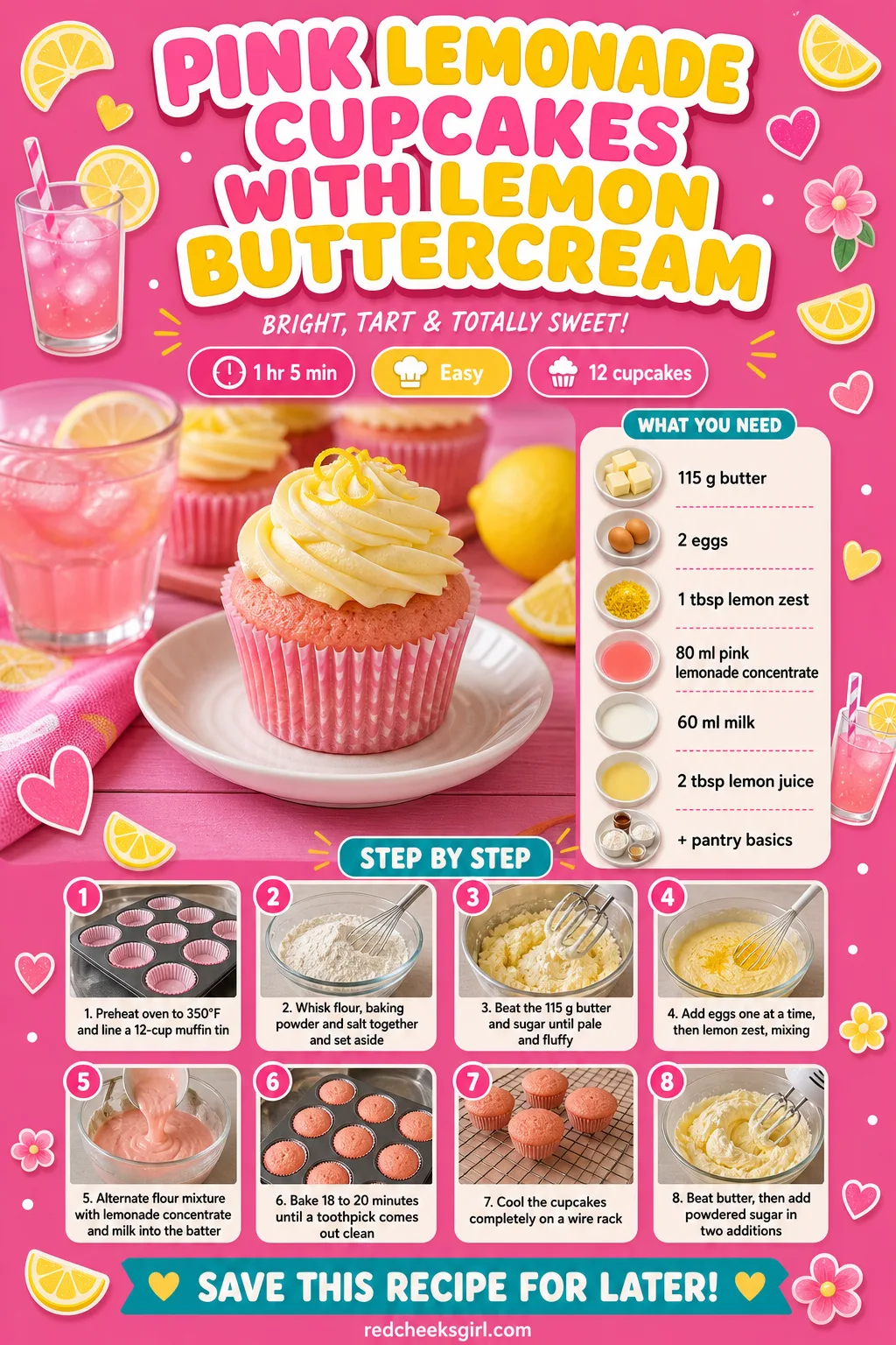 Pink Lemonade Cupcakes Recipe Card printable sheet — Printable card for pink lemonade cupcakes with lemon buttercream. Valentine cupcakes