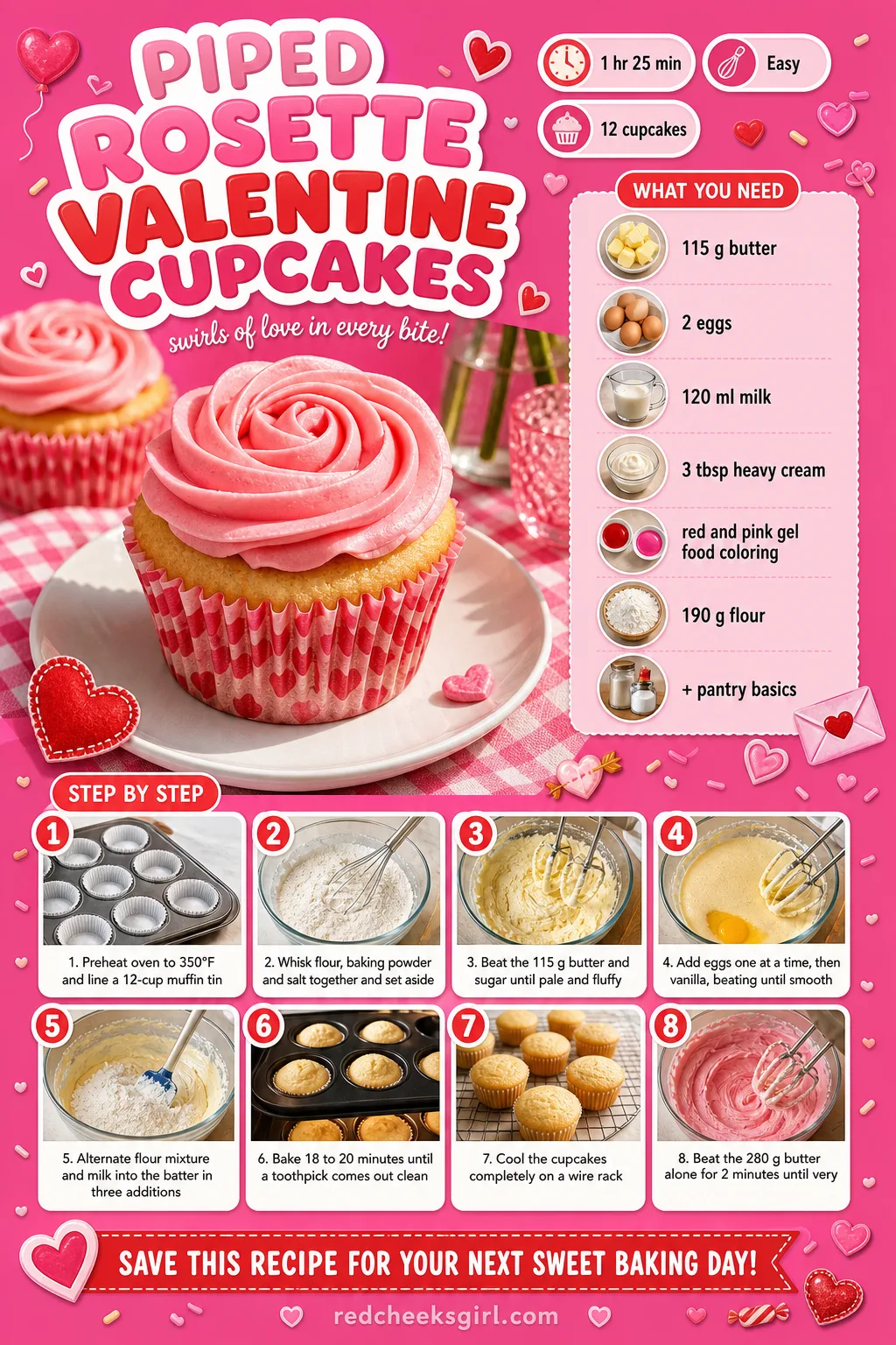 Piped Rosette Valentine Cupcakes Recipe Card printable sheet — Printable card for cupcakes finished with a piped rosette swirl