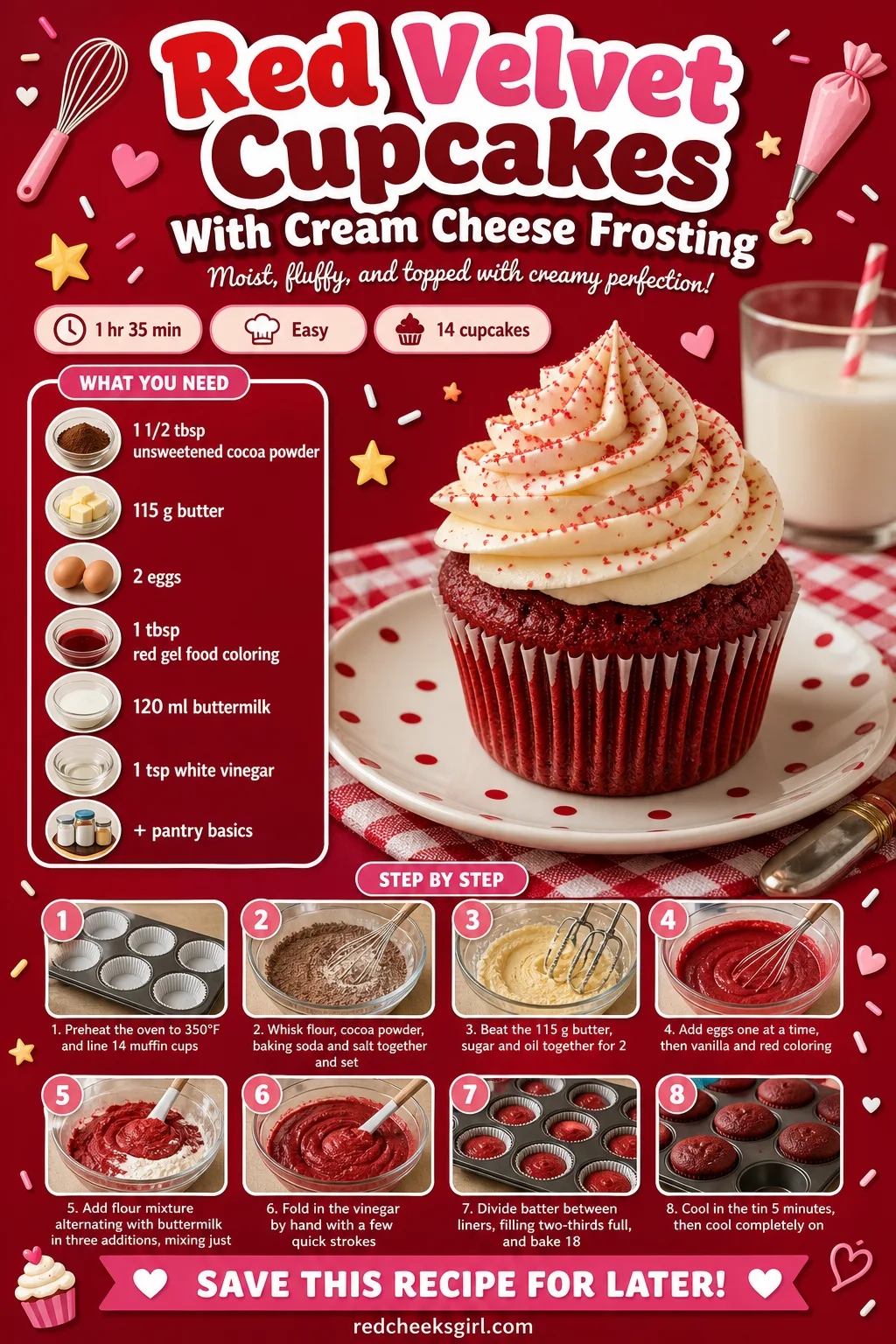 Red Velvet Cupcakes With Cream Cheese Frosting Recipe Card printable sheet — Printable card for red velvet cupcakes with piped cream cheese frosting. Valentine