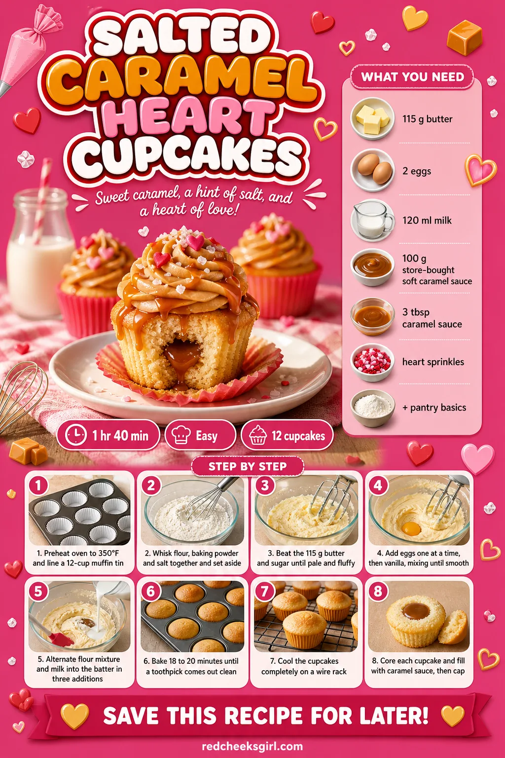 Salted Caramel Heart Cupcakes Recipe Card printable sheet — Printable card for caramel-filled cupcakes with salted caramel frosting. Valentine cupcakes