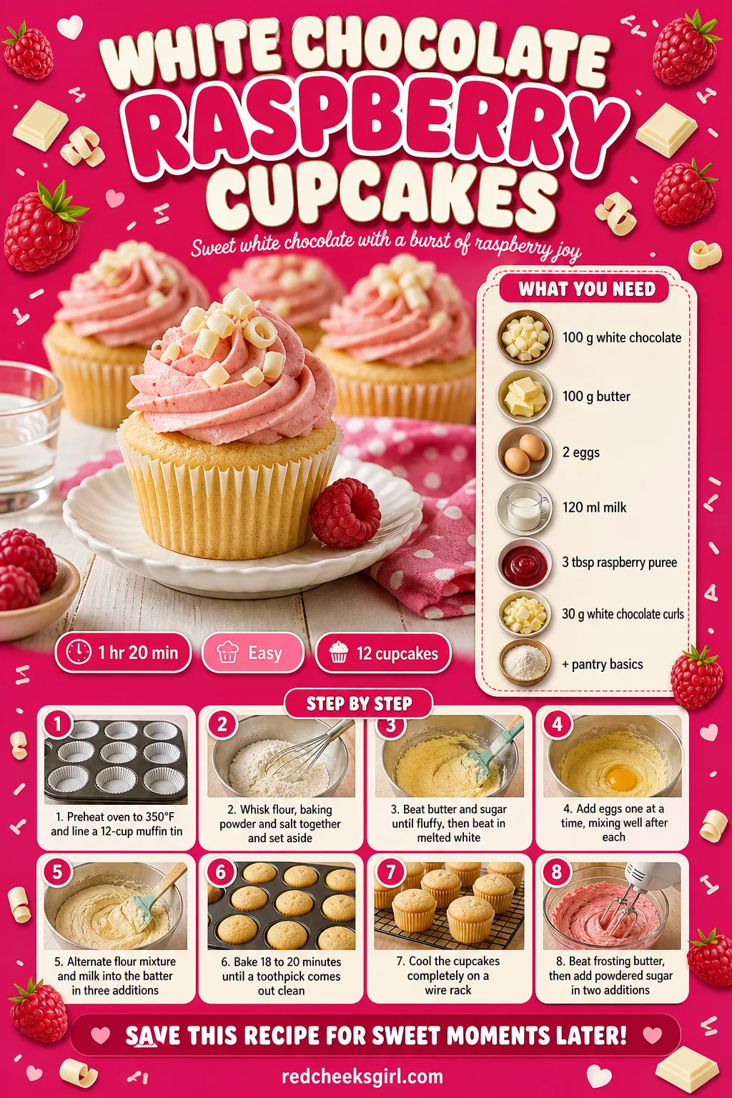 White Chocolate Raspberry Cupcakes Recipe Card printable sheet — Printable card for white chocolate cupcakes with raspberry buttercream. Valentine cupcakes