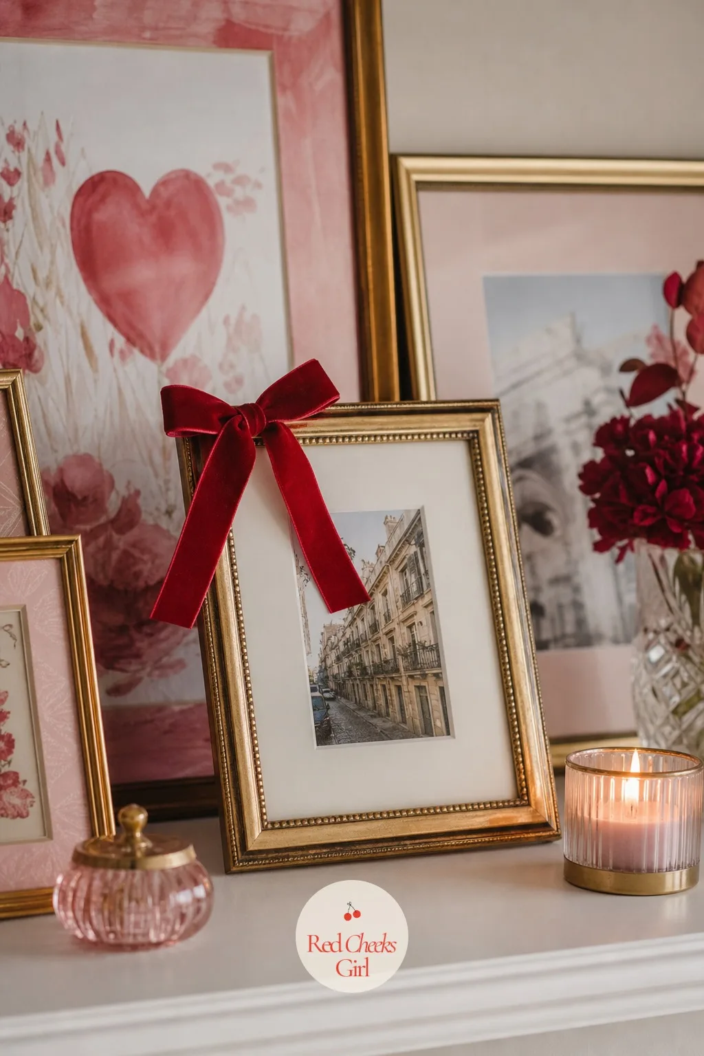 Coquette Bows On The Picture Frames — A shelf of frames already on display does not need new art, just one small gesture tying them together for the month.