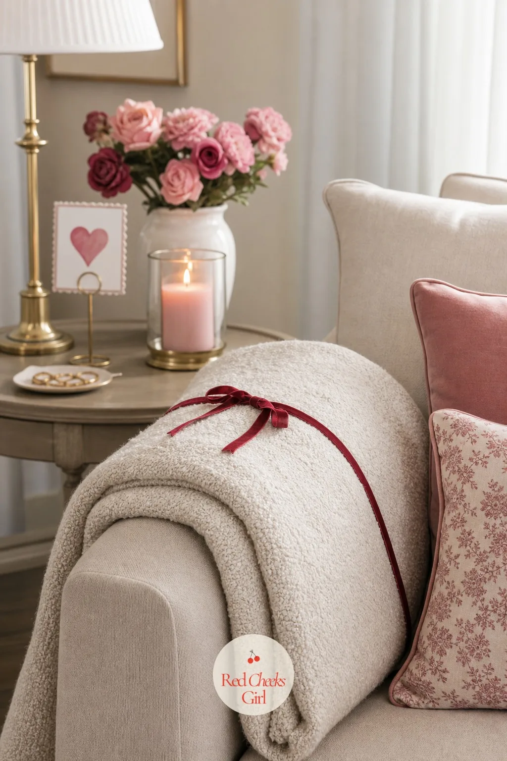 A Cream Bouclé Throw Folded Over The Sofa Arm — Nobody cuddles up to a wreath. Valentine decorations