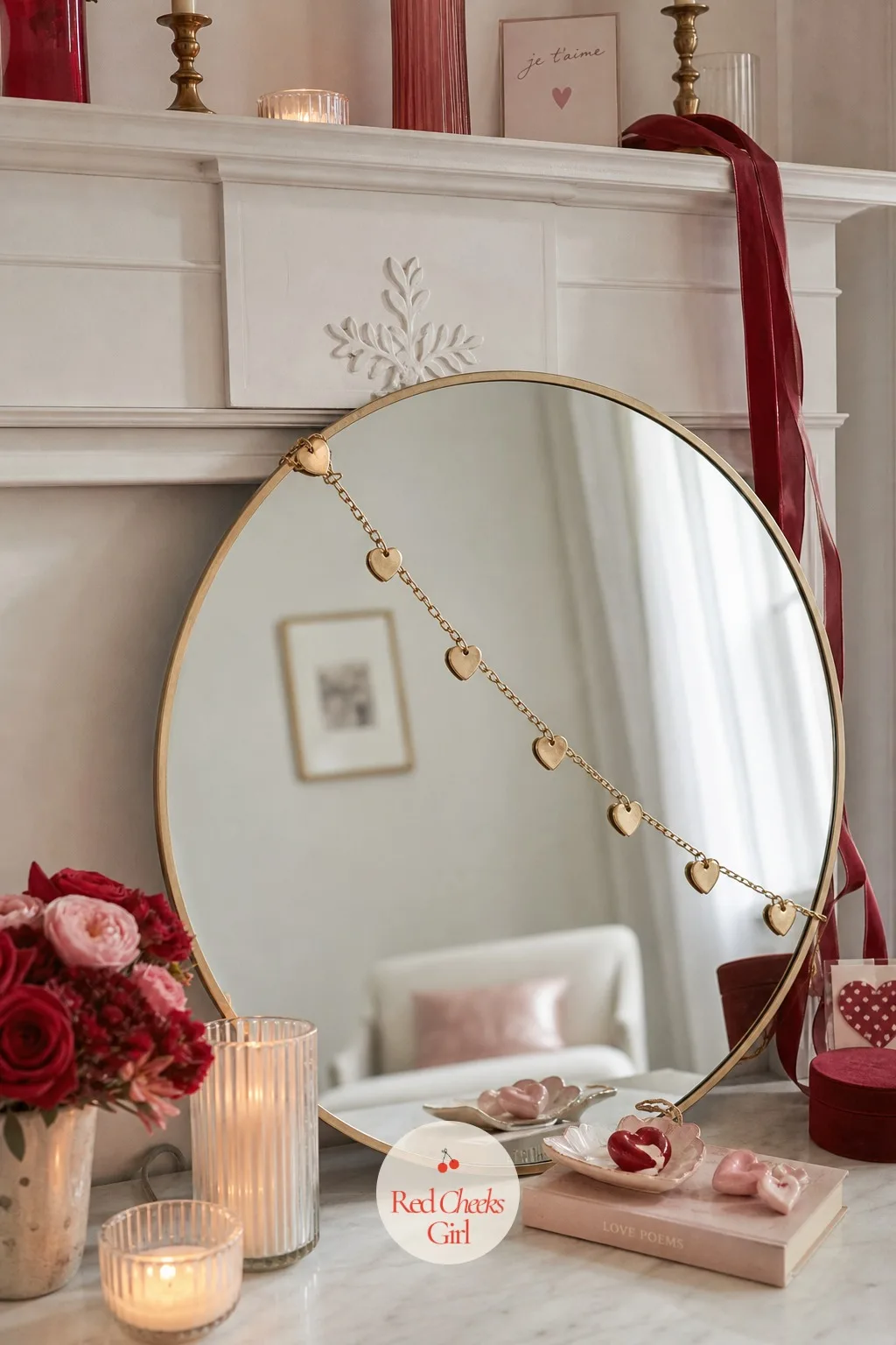 A Gold Heart Chain Draped Over A Leaning Mirror — The mantel needs one piece that catches light rather than just holding it, and a leaned mirror does both jobs