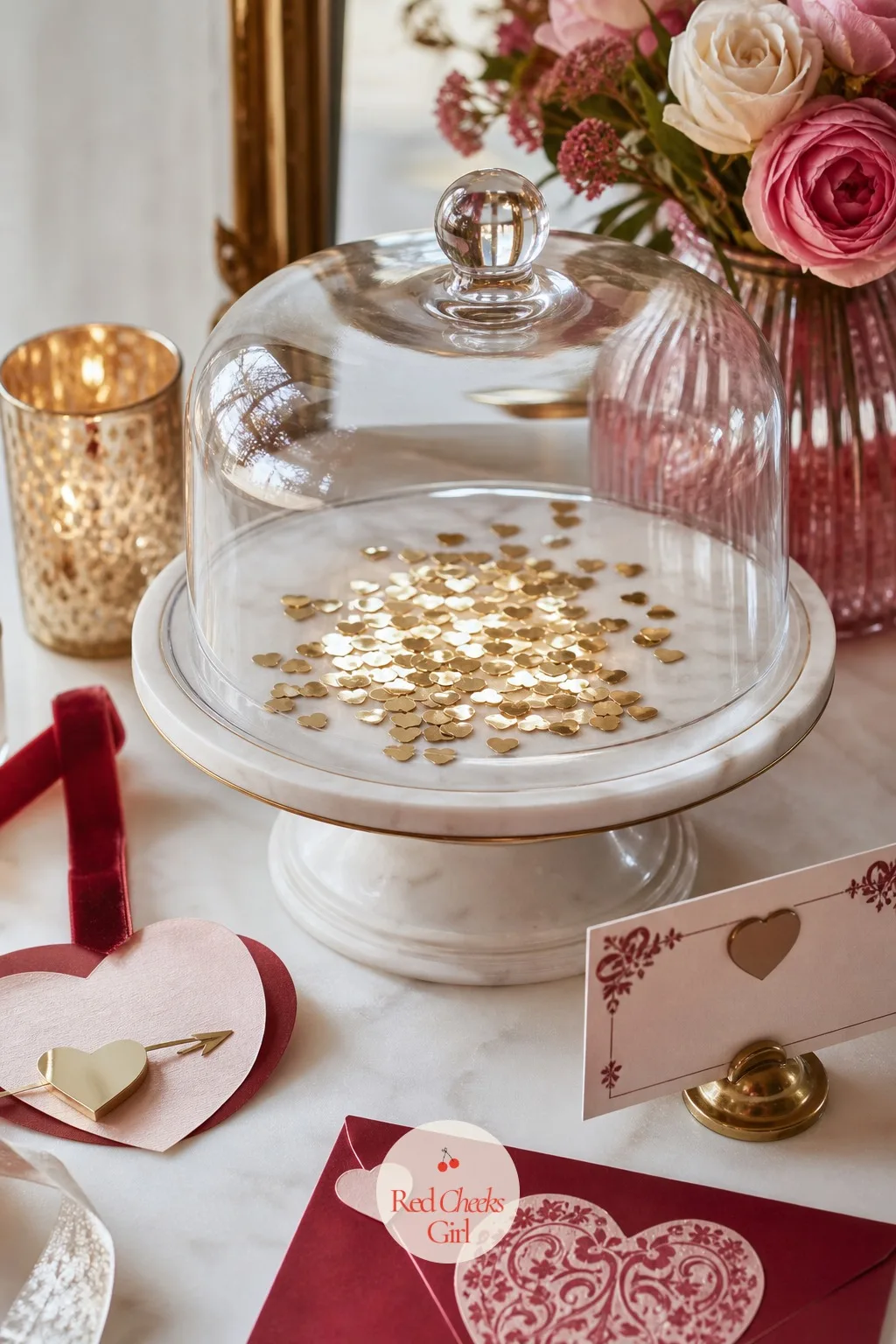 Gold Heart Confetti Scattered Under A Glass Cloche — Loose confetti anywhere in a house is a month of finding it in the carpet. Valentine decorations