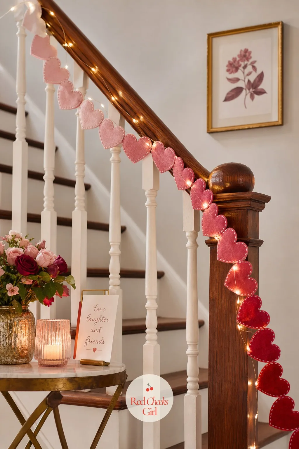A Heart Garland Along The Staircase Banister — A bare banister on the way upstairs is wasted real estate for a decoration that nobody down in the living room