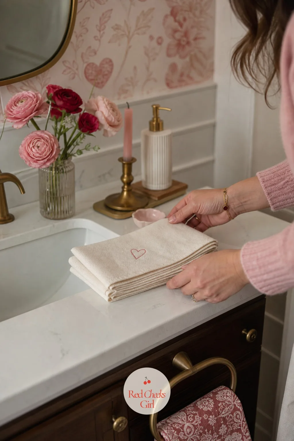 Heart-Embroidered Guest Towels In The Powder Room — This is the detail a guest notices and never says out loud, the sign that the whole house got this