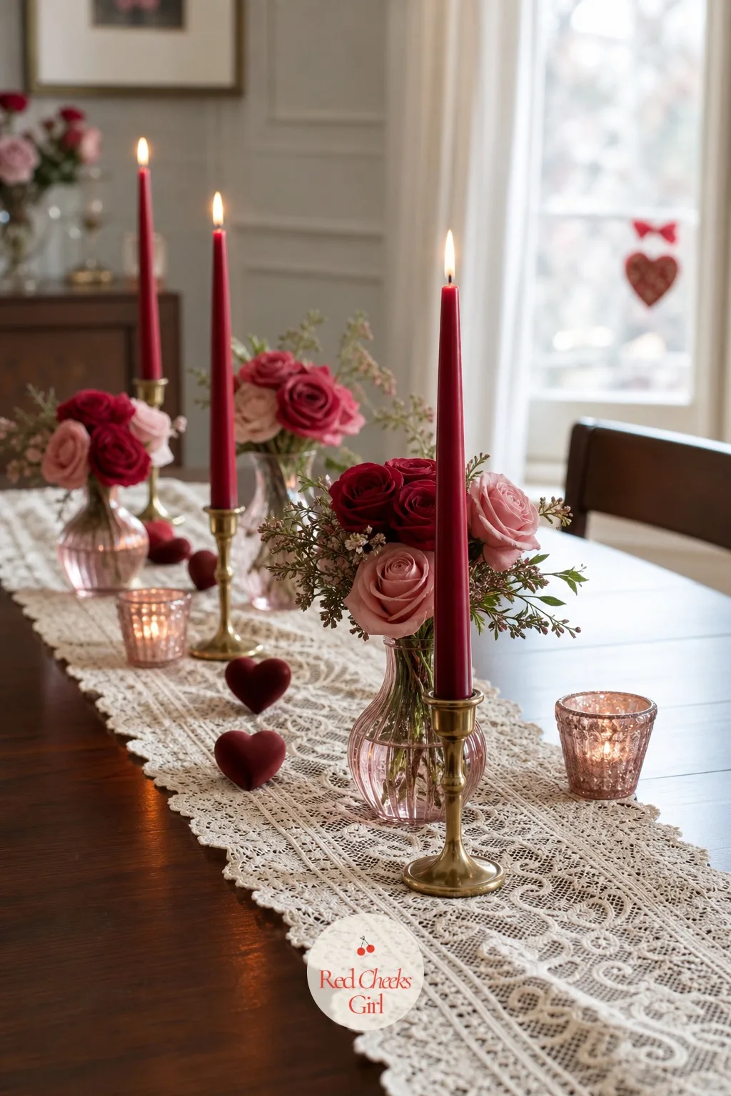 A Lace Runner With Red Taper Candles — A bare table looks like Tuesday dinner. Valentine decorations