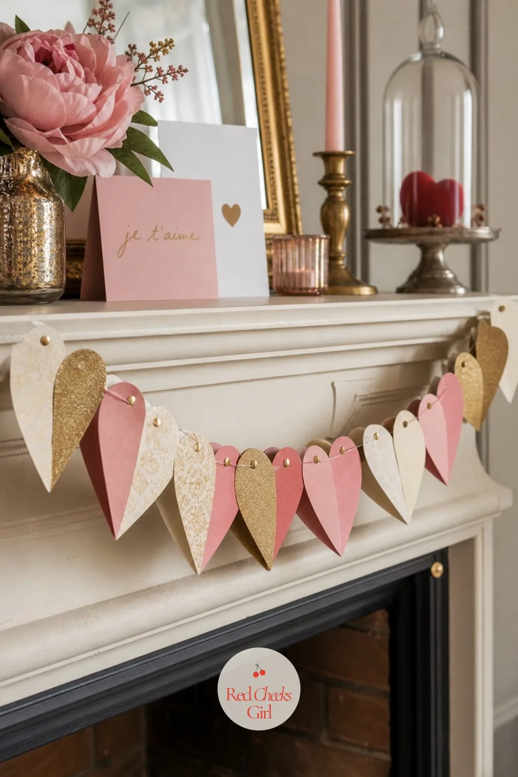 Paper Heart Garland Along The Mantel — A plain mantel in winter looks tired, not restful. Valentine decorations