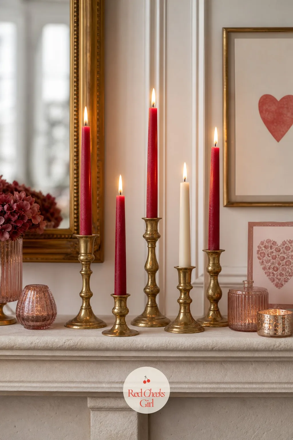 Red Taper Candles In Brass Candlesticks — Garland alone sits flat against the wall. Valentine decorations