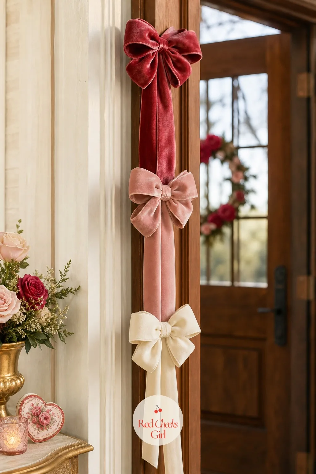 A Ribbon Bow Swag Down The Door Frame — If a wreath feels like too much commitment, this is the ten dollar version. Valentine decorations