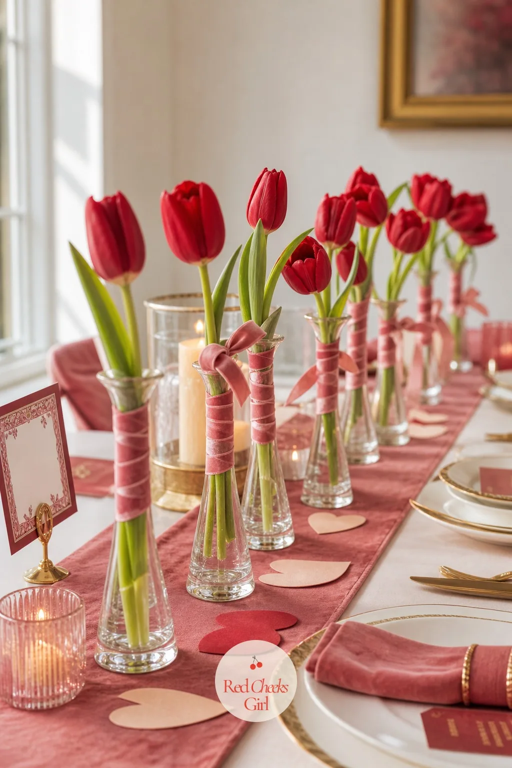 Ribbon-Wrapped Bud Vases Of Red Tulips — One large centerpiece blocks the view across the table and dies by Thursday. Valentine decorations