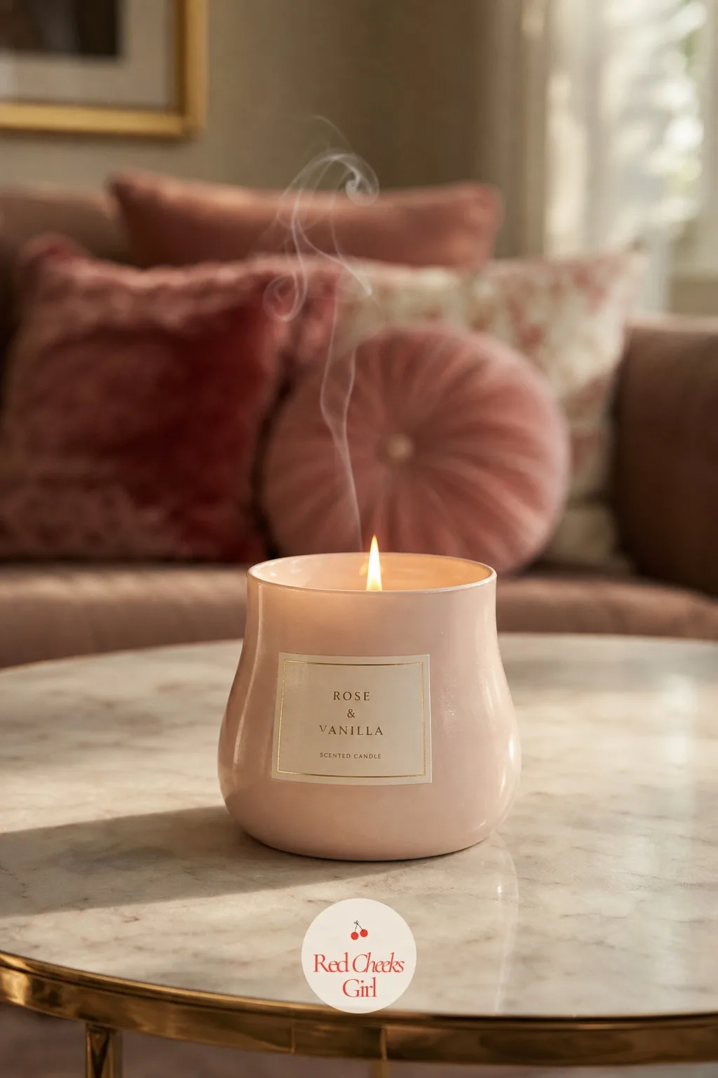 A Rose And Vanilla Candle On The Coffee Table — Scent reaches a guest before anything on the walls does, which makes this the easiest decoration on the whole