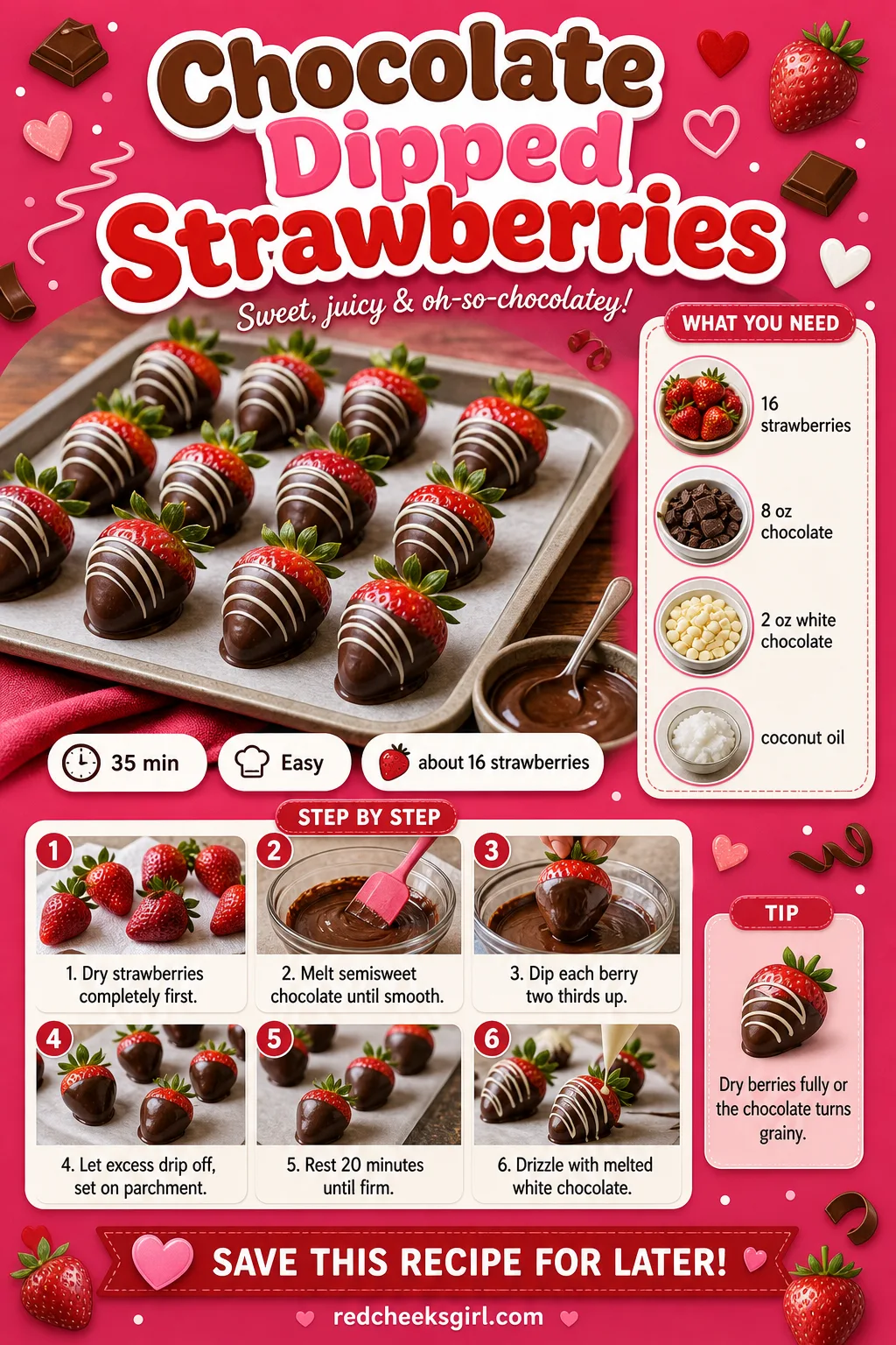 Chocolate Dipped Strawberries Recipe Card printable sheet — Chocolate Dipped Strawberries: prep 15 minutes, total 35 minutes, makes about 16 strawberries.
