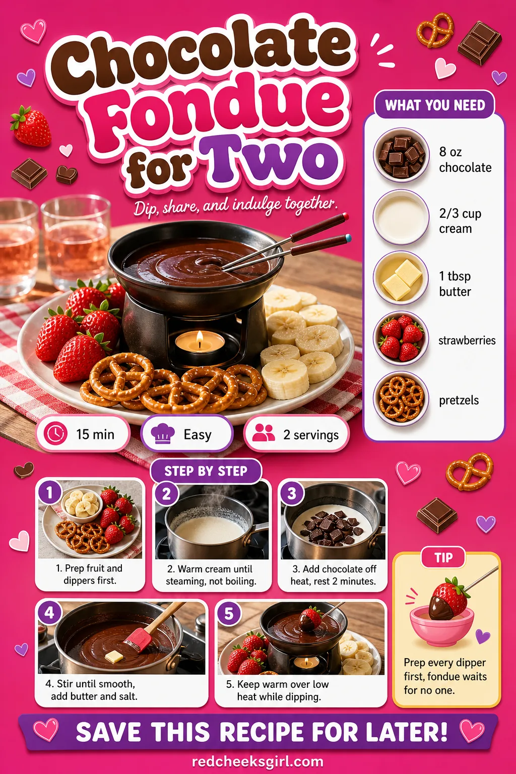 Chocolate Fondue for Two Recipe Card printable sheet — Chocolate Fondue for Two: prep 10 minutes, total 15 minutes, makes 2 servings. Valentine desserts