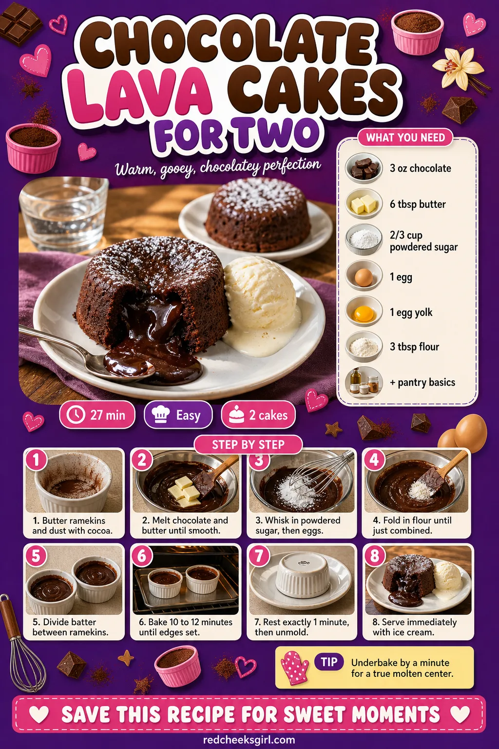 Chocolate Lava Cakes for Two Recipe Card printable sheet — Chocolate Lava Cakes for Two: prep 15 minutes, total 27 minutes, makes 2 cakes. Valentine desserts