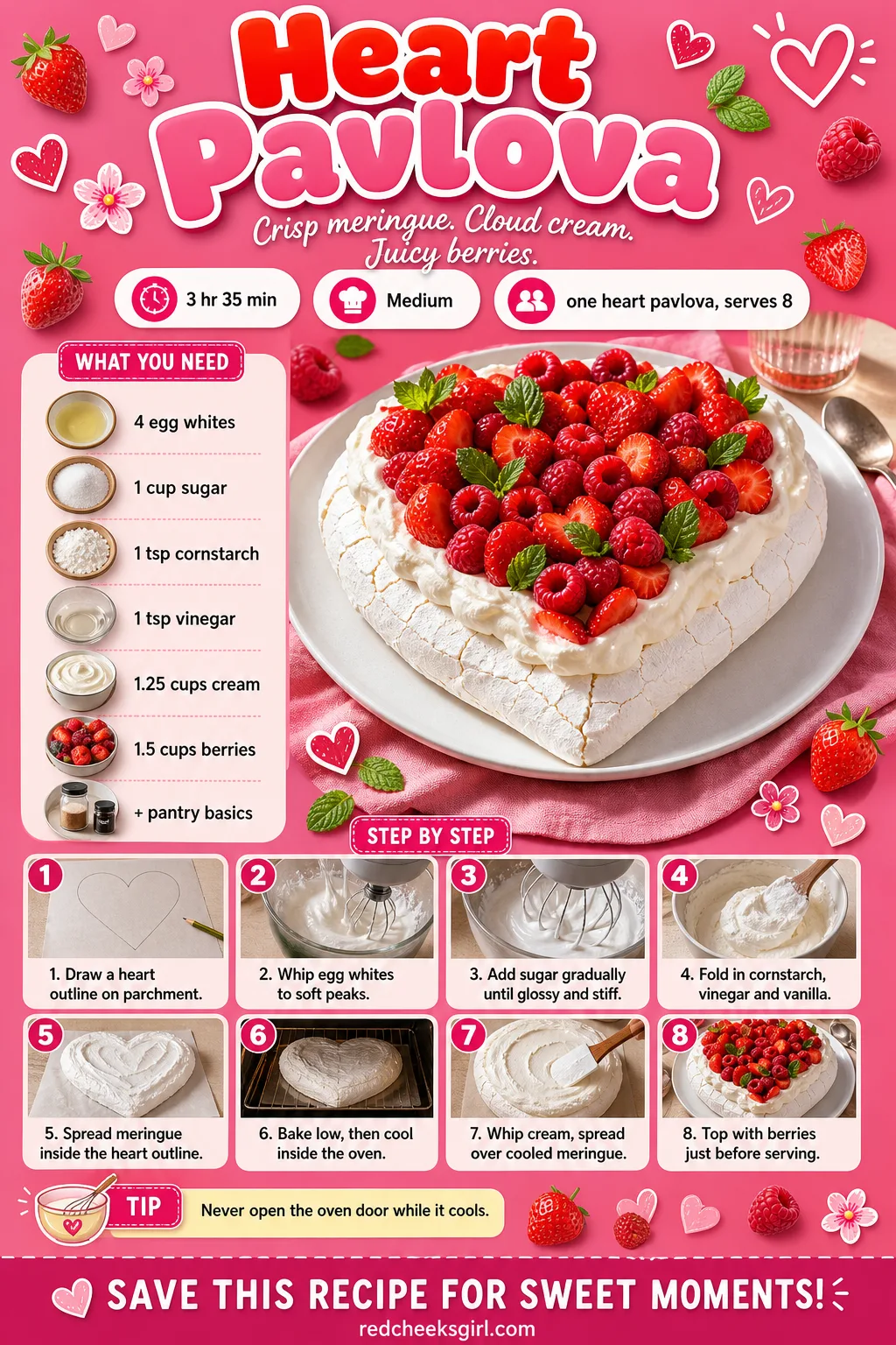 Heart Pavlova Recipe Card printable sheet — Heart Pavlova: prep 20 minutes, total 3 hours 35 minutes, serves 8. Valentine desserts