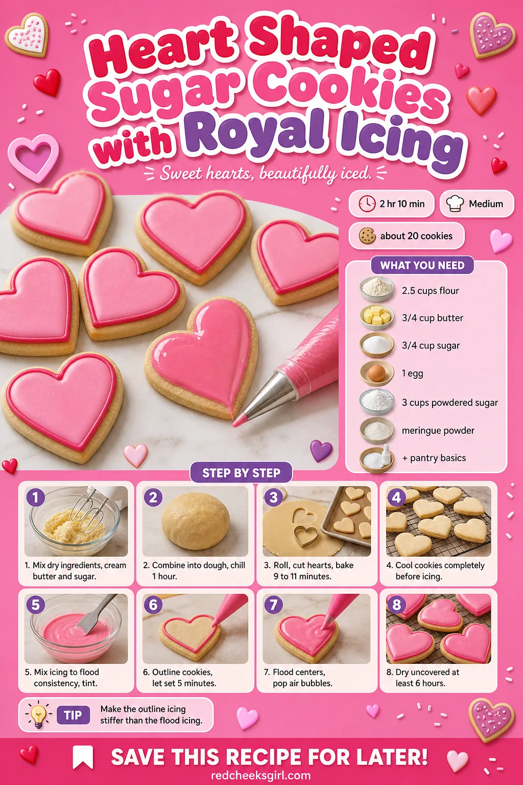 Heart Shaped Sugar Cookies with Royal Icing Recipe Card printable sheet — Heart Shaped Sugar Cookies with Royal Icing: prep 30 minutes, total 2 hours 10