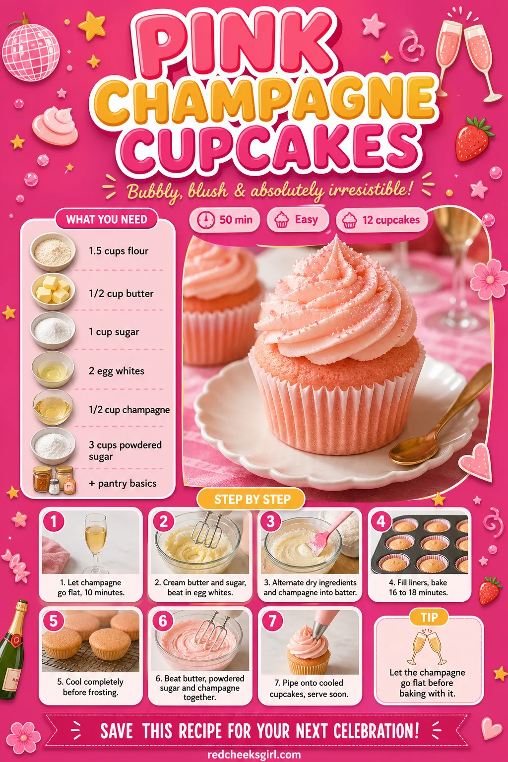 Pink Champagne Cupcakes Recipe Card printable sheet — Pink Champagne Cupcakes: prep 20 minutes, total 50 minutes, makes 12 cupcakes. Valentine desserts