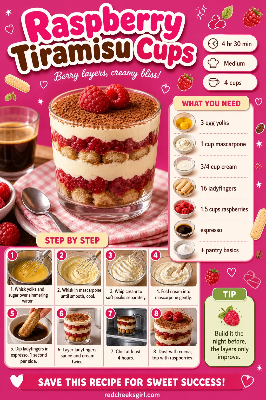 Raspberry Tiramisu Cups Recipe Card printable sheet — Raspberry Tiramisu Cups: prep 30 minutes, total 4 hours 30 minutes, makes 4 cups. Valentine desserts