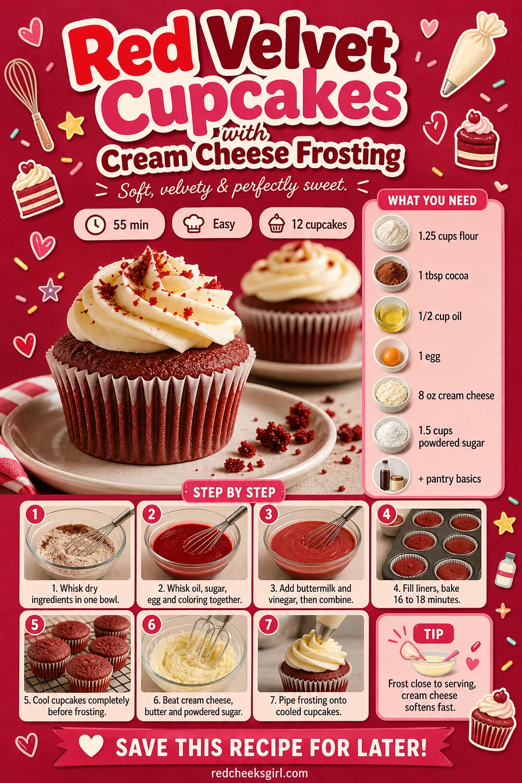 Red Velvet Cupcakes with Cream Cheese Frosting Recipe Card printable sheet — Red Velvet Cupcakes with Cream Cheese Frosting: prep 20 minutes, total 55 minutes