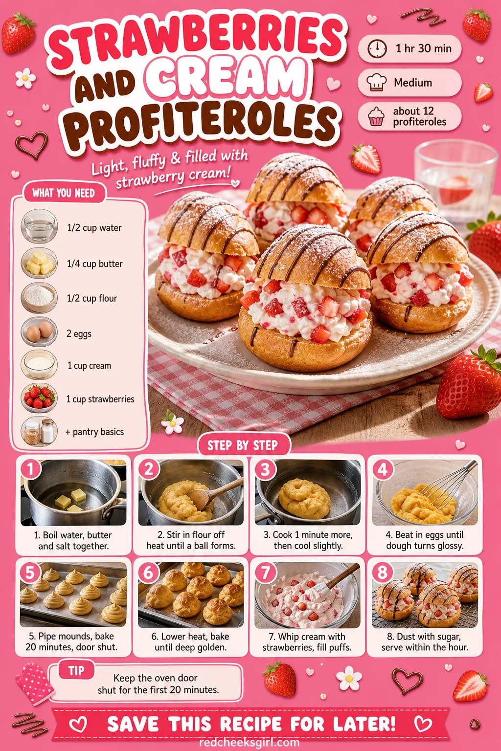 Strawberries and Cream Profiteroles Recipe Card printable sheet — Strawberries and Cream Profiteroles: prep 30 minutes, total 1 hour 30 minutes, makes about 12