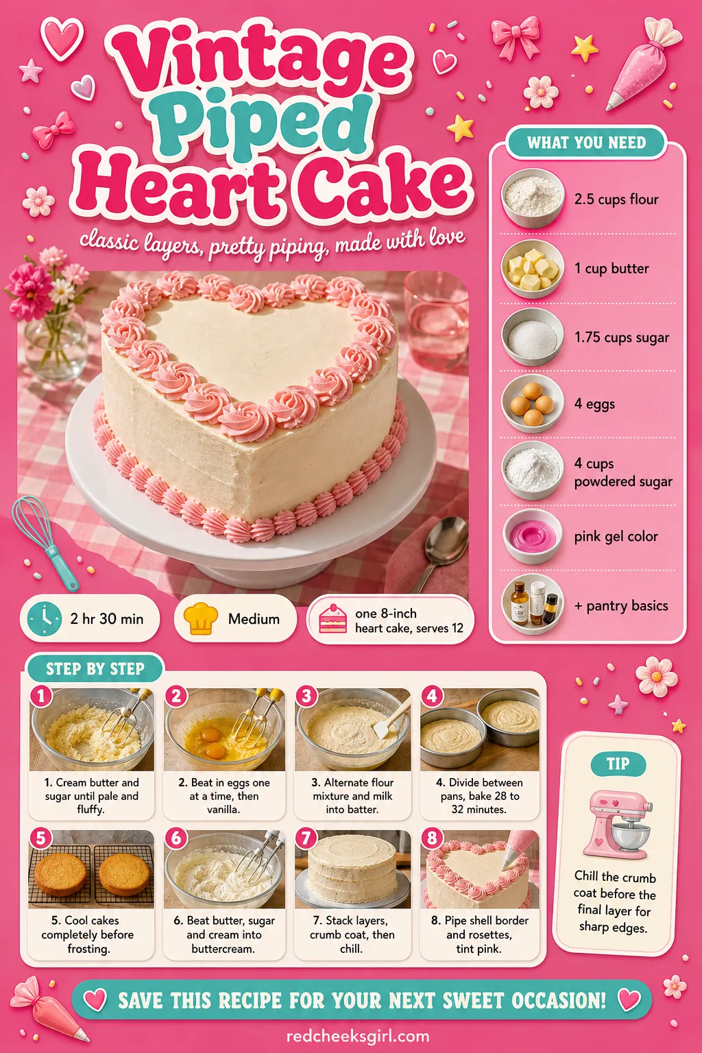 Vintage Piped Heart Cake Recipe Card printable sheet — Vintage Piped Heart Cake: prep 45 minutes, total 2 hours 30 minutes, serves 12. Valentine desserts