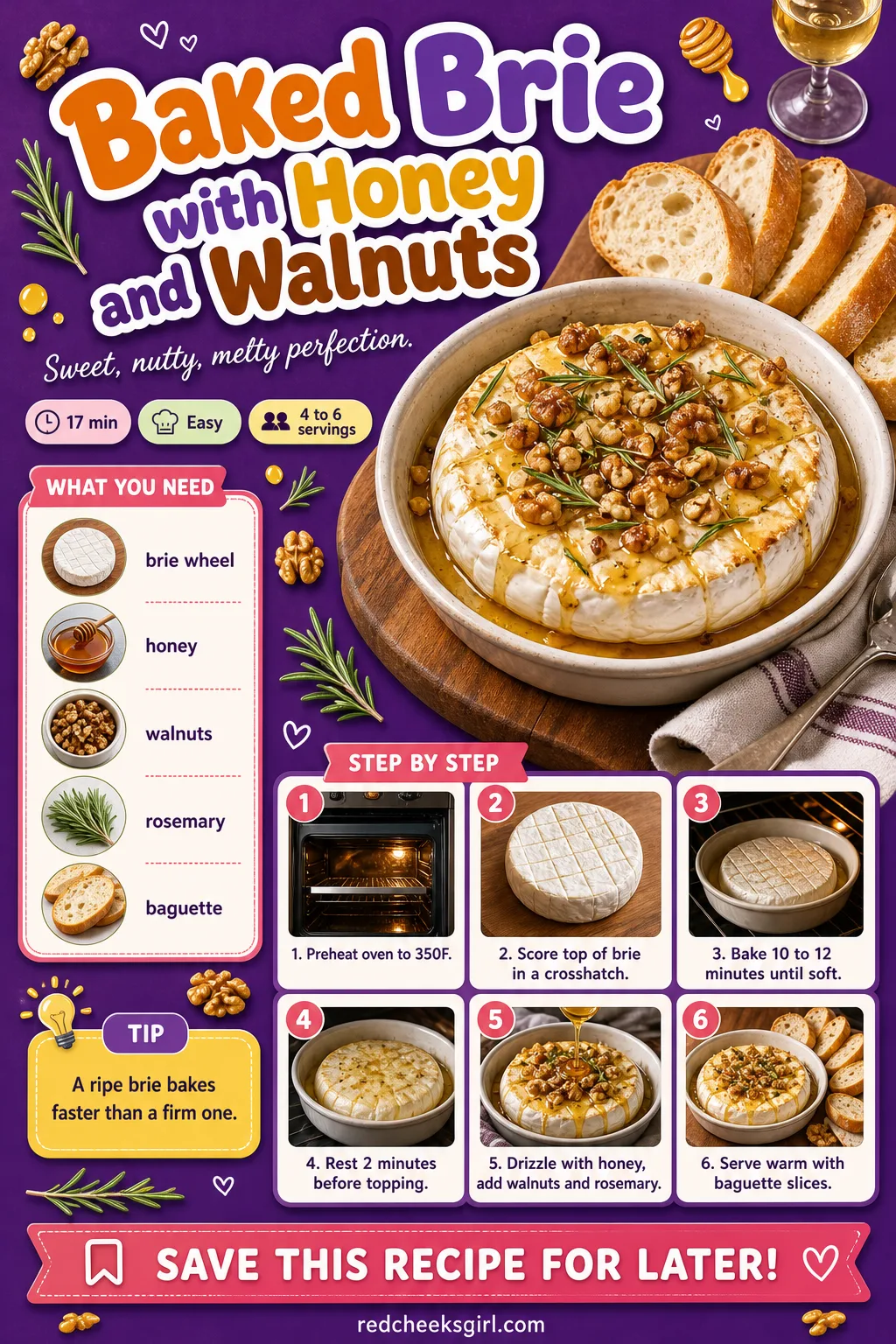 Baked Brie with Honey and Walnuts Recipe Card printable sheet. Valentine dinner ideas