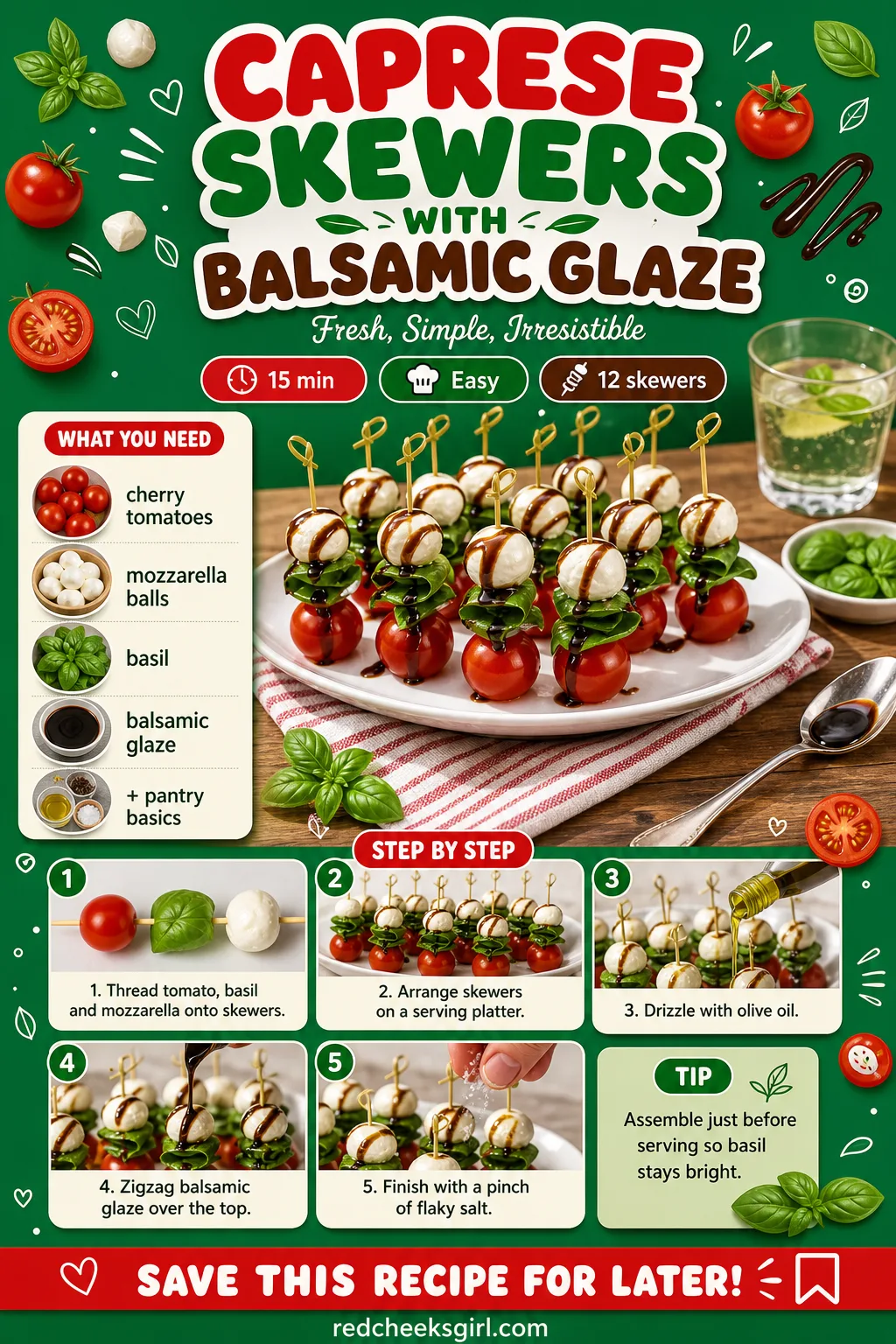 Caprese Skewers with Balsamic Glaze Recipe Card printable sheet. Valentine dinner ideas
