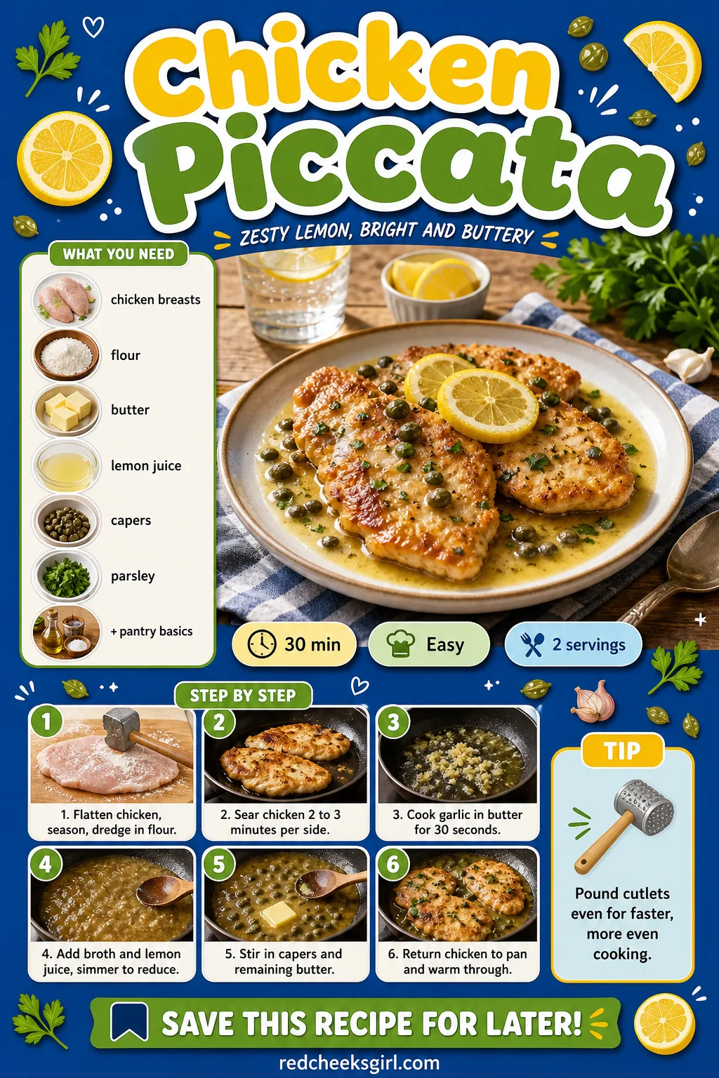 Chicken Piccata Recipe Card printable sheet. Valentine dinner ideas