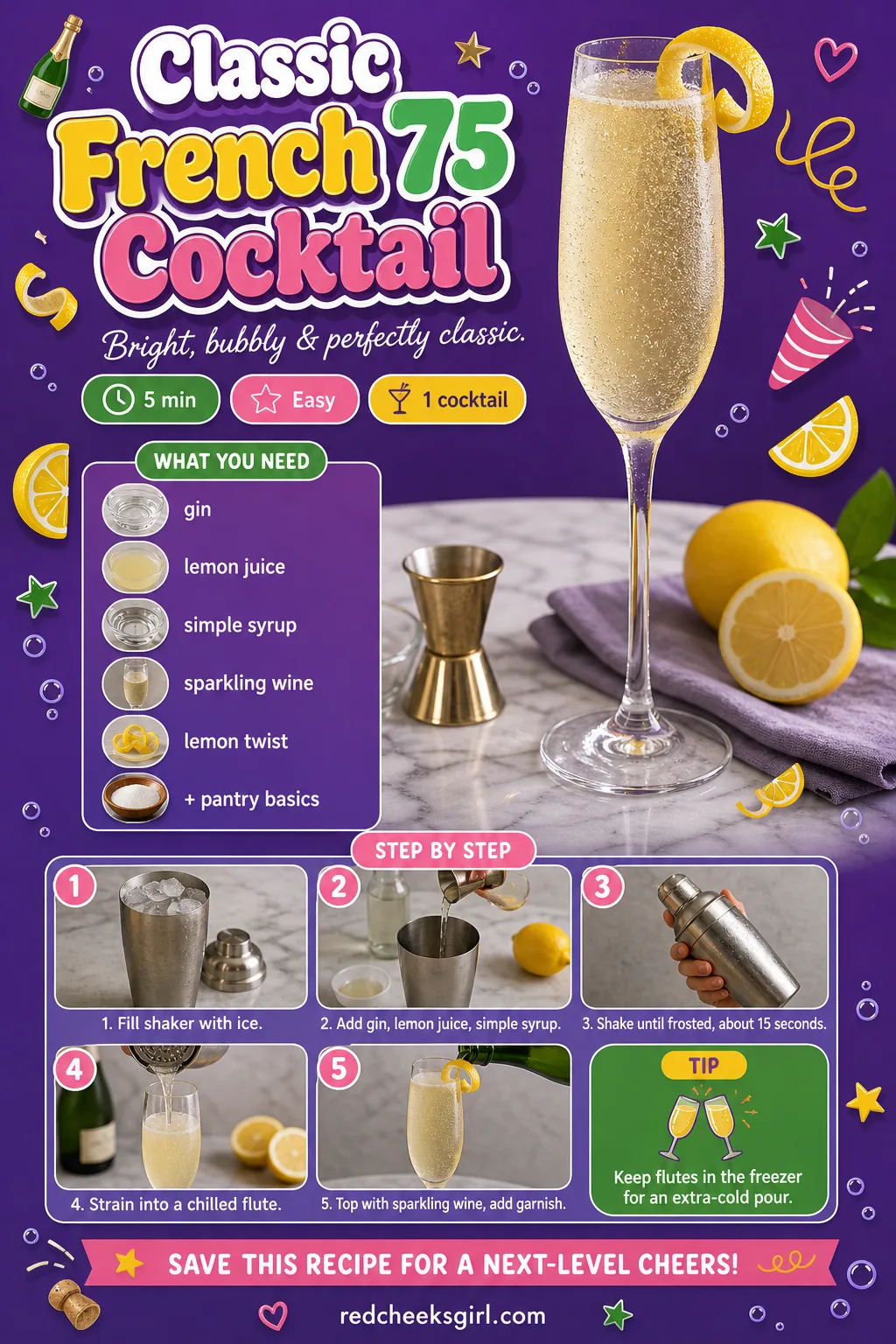 Classic French 75 Cocktail Recipe Card printable sheet. Valentine dinner ideas