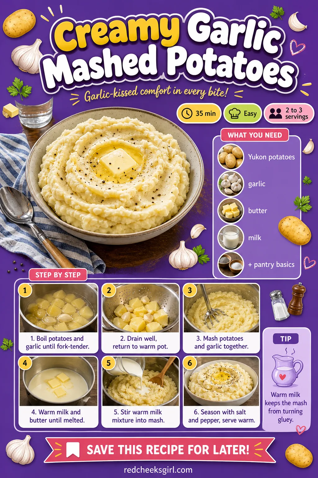 Creamy Garlic Mashed Potatoes Recipe Card printable sheet. Valentine dinner ideas