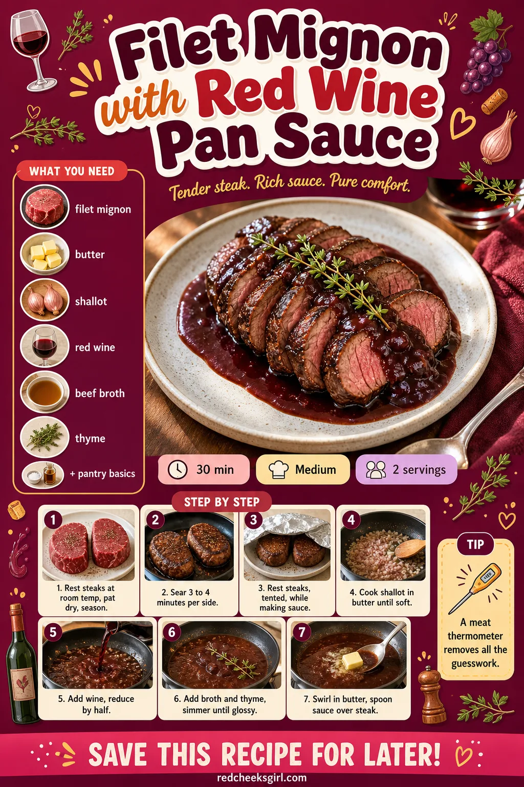 Filet Mignon with Red Wine Pan Sauce Recipe Card printable sheet. Valentine dinner ideas