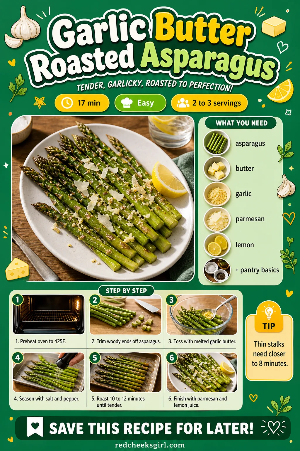 Garlic Butter Roasted Asparagus Recipe Card printable sheet. Valentine dinner ideas